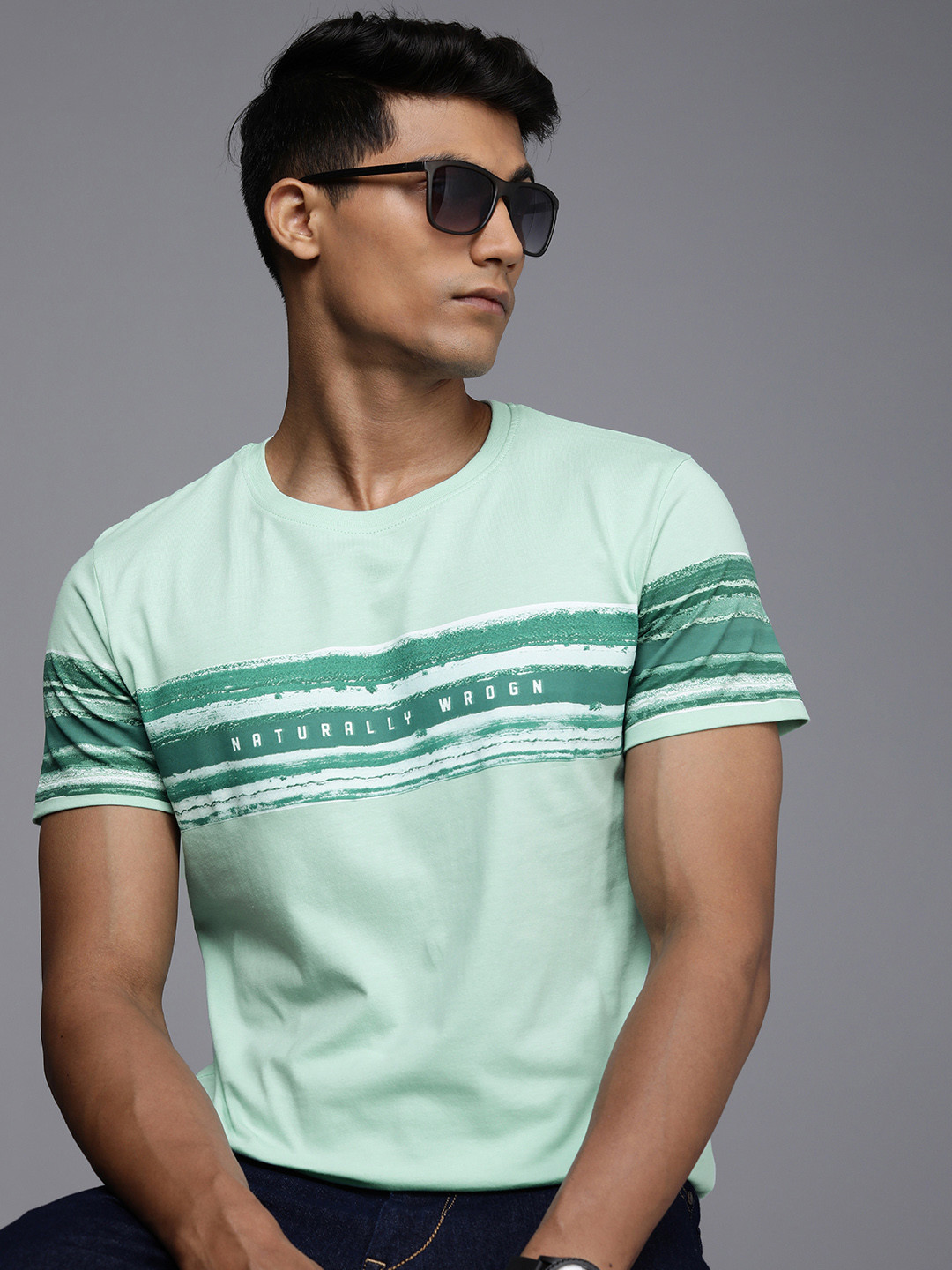 

WROGN Men Mint Green Typography Printed Pure Cotton T-shirt