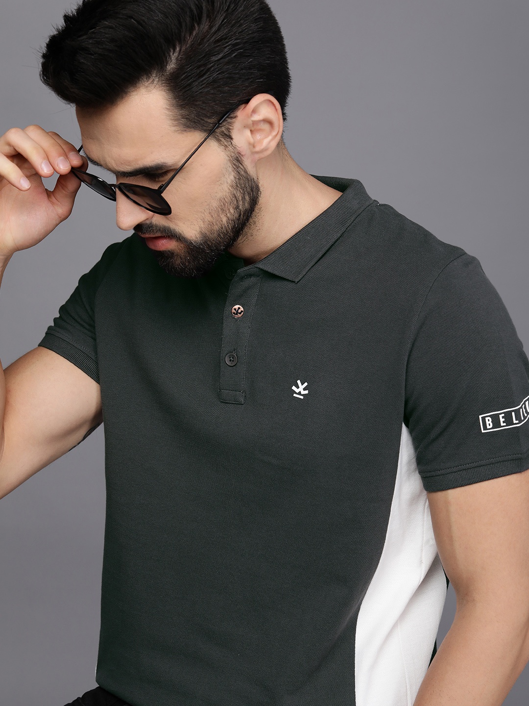 

WROGN Men Charcoal & White Colourblocked Polo Collar Slim Fit Pure Cotton Casual T-shirt