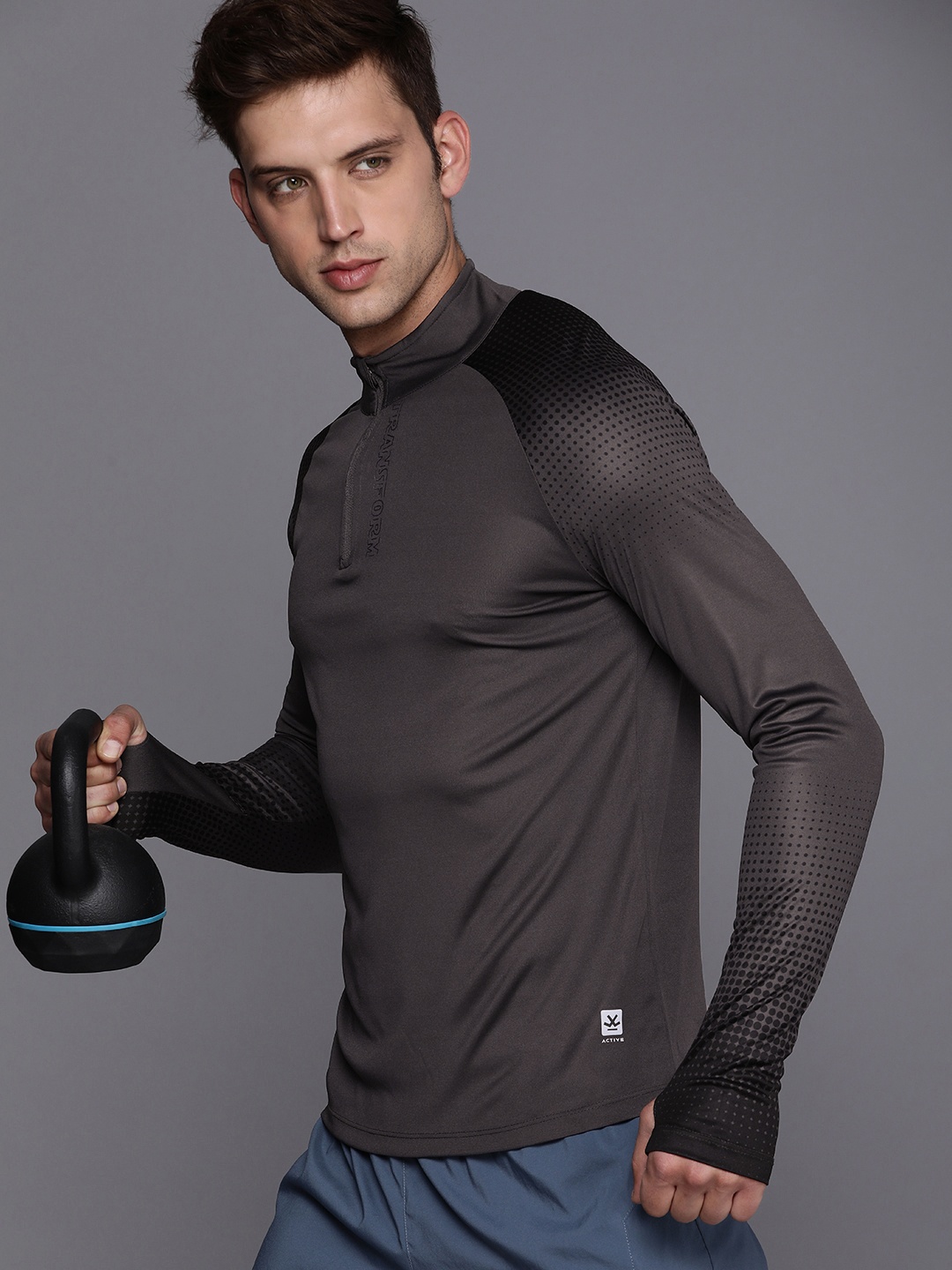 

WROGN ACTIVE Men Dry Pro Mock Neck Slim Fit Thumb Hole T-shirt, Grey