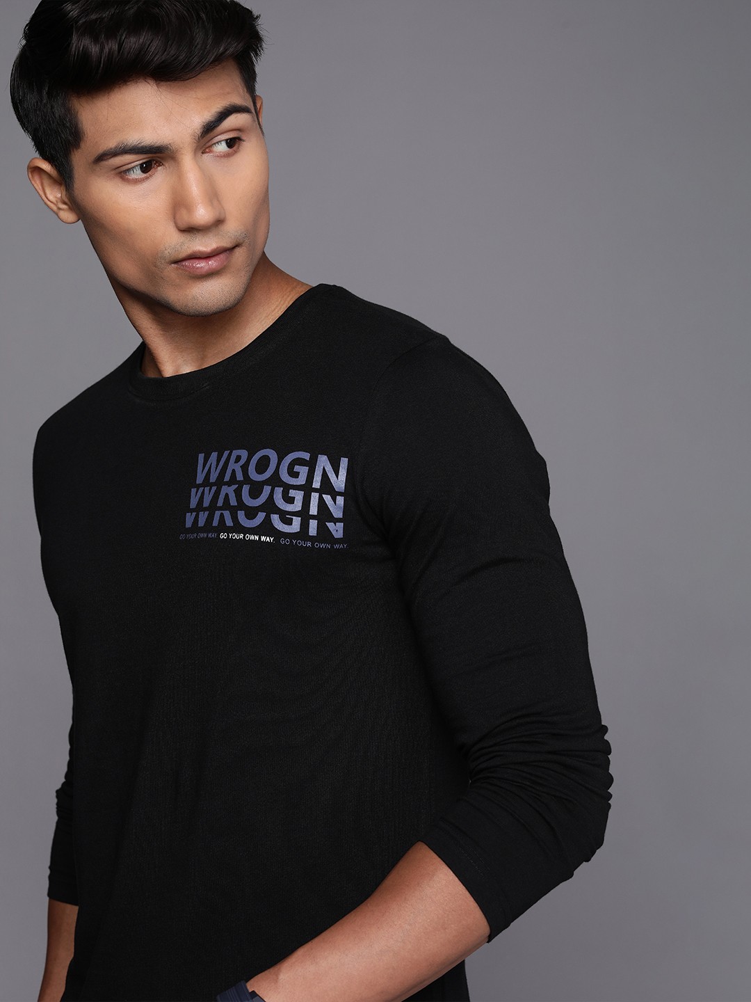 

WROGN Men Black Typography Printed Slim Fit Pure Cotton T-shirt