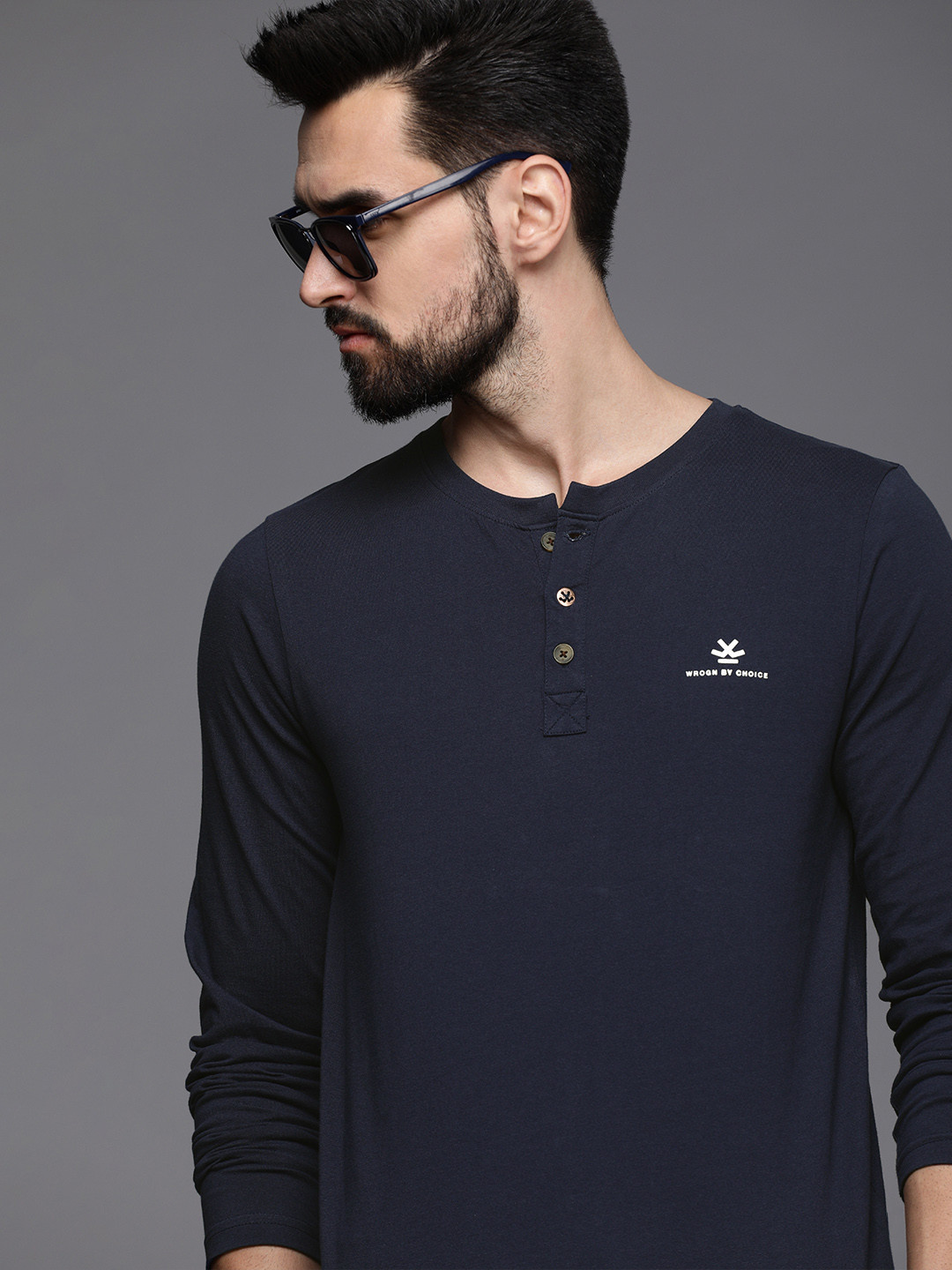 

WROGN Men Navy Blue Henley Neck Slim Fit Pure Cotton T-shirt