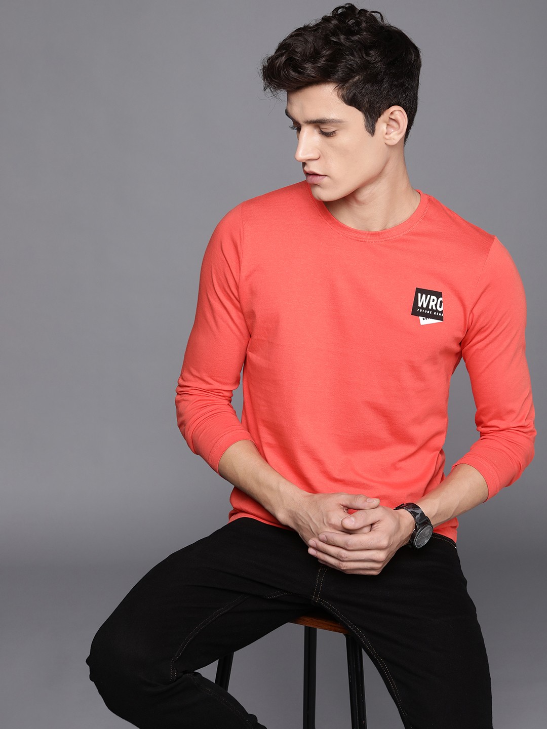 

WROGN Men Red Brand Logo Pure Cotton Slim Fit T-shirt