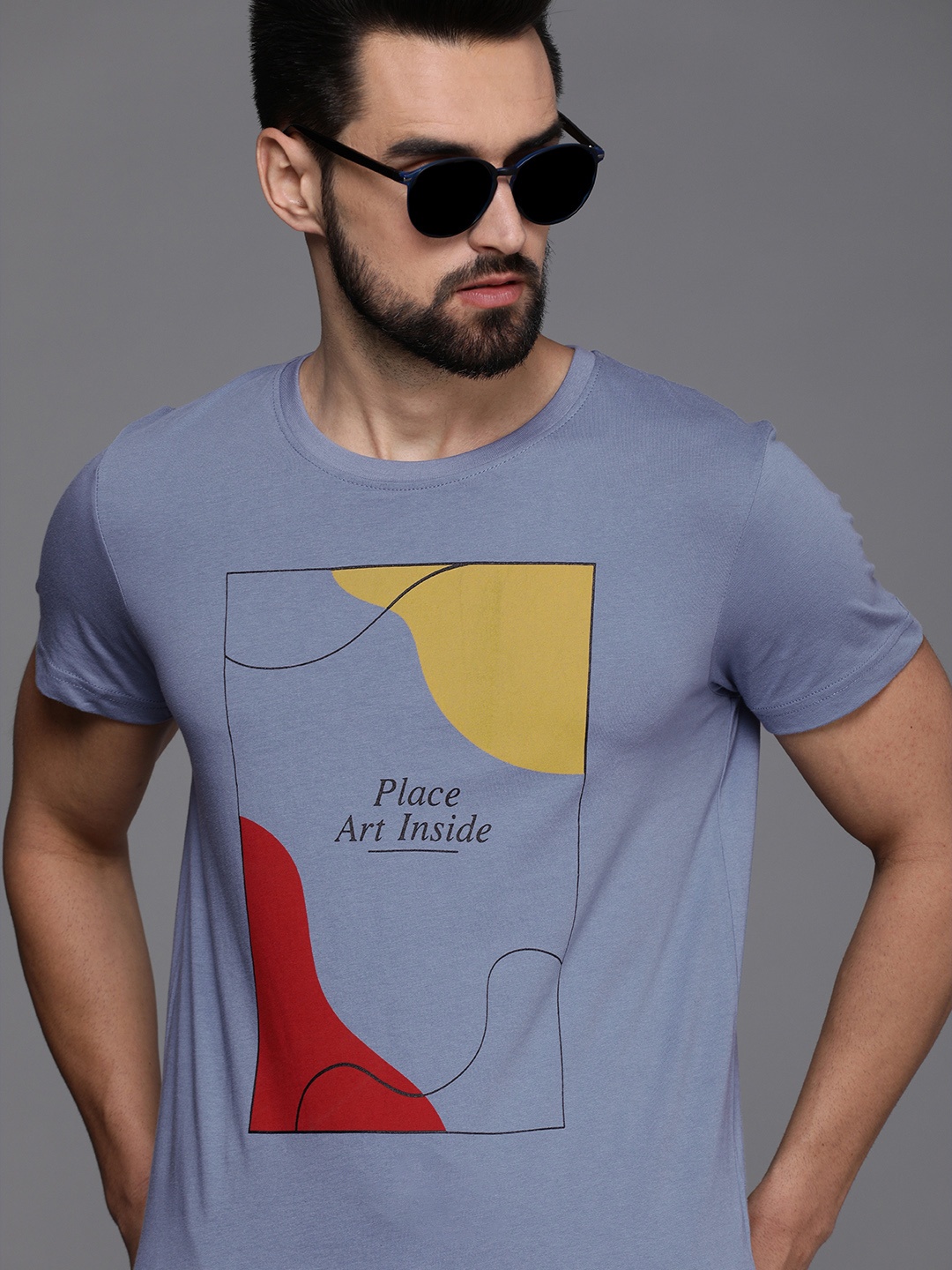 

WROGN Men Blue Typography Printed Pure Cotton Slim Fit T-shirt