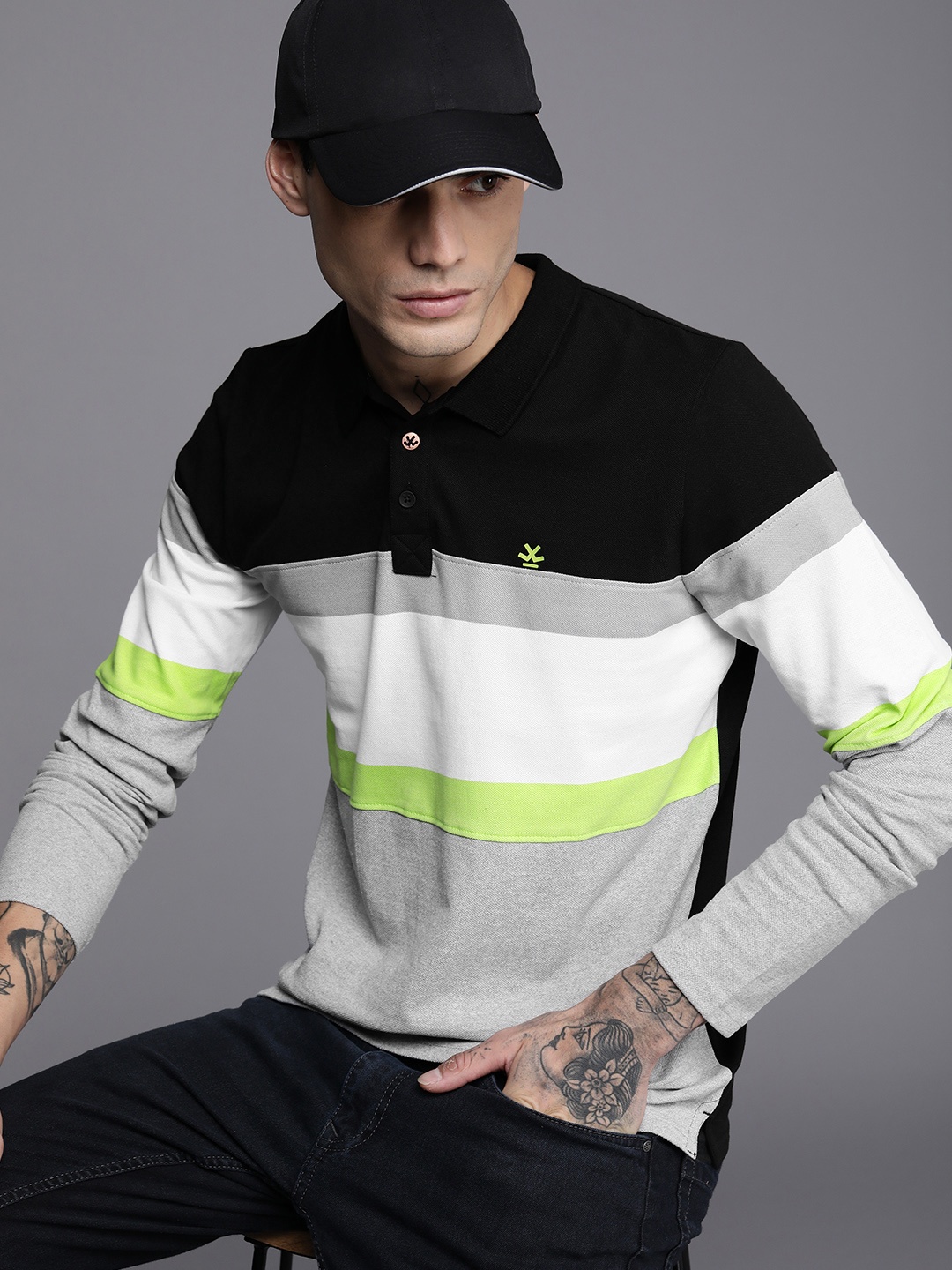 

WROGN Men Grey Melange & White Colourblocked Polo Collar Pure Cotton Slim Fit T-shirt