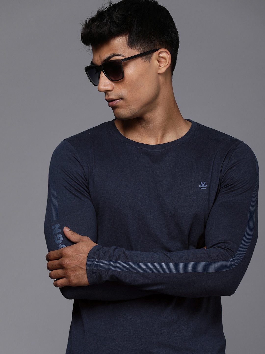 WROGN Men Navy Blue Brand Logo Printed Pure Cotton Slim Fit T-shirt