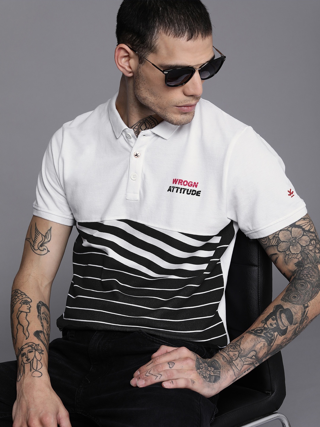 

WROGN Men White & Black Striped Polo Collar Pure Cotton Slim Fit T-shirt