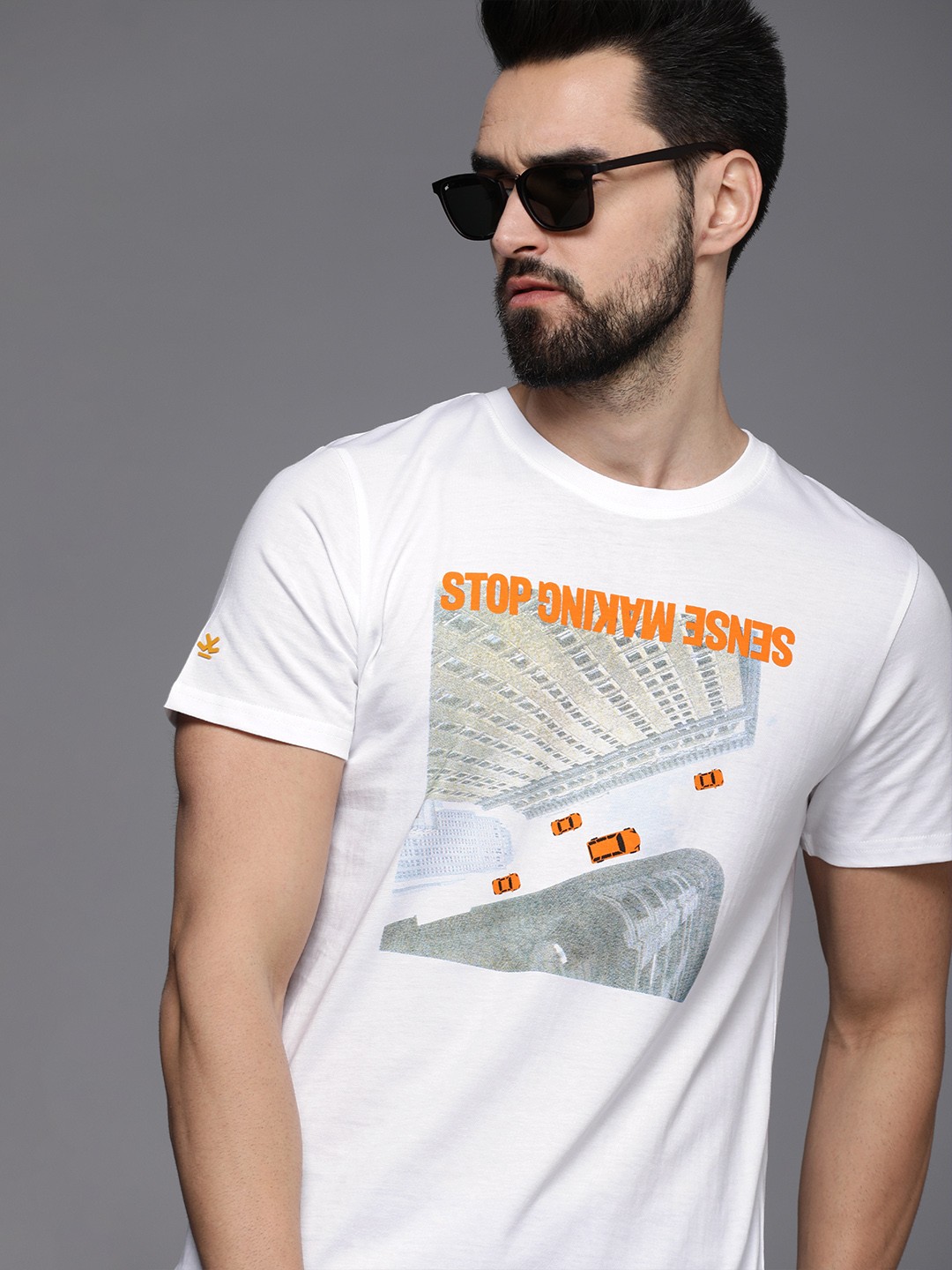 

WROGN Men White Printed Pure Cotton T-shirt