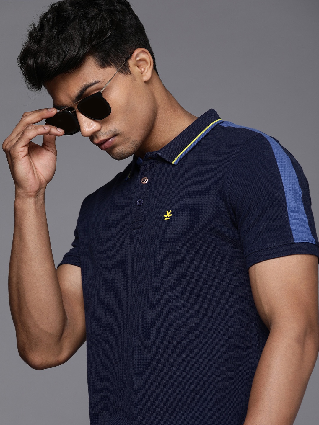 

WROGN Men Navy Blue Polo Collar Slim Fit Pure Cotton T-shirt