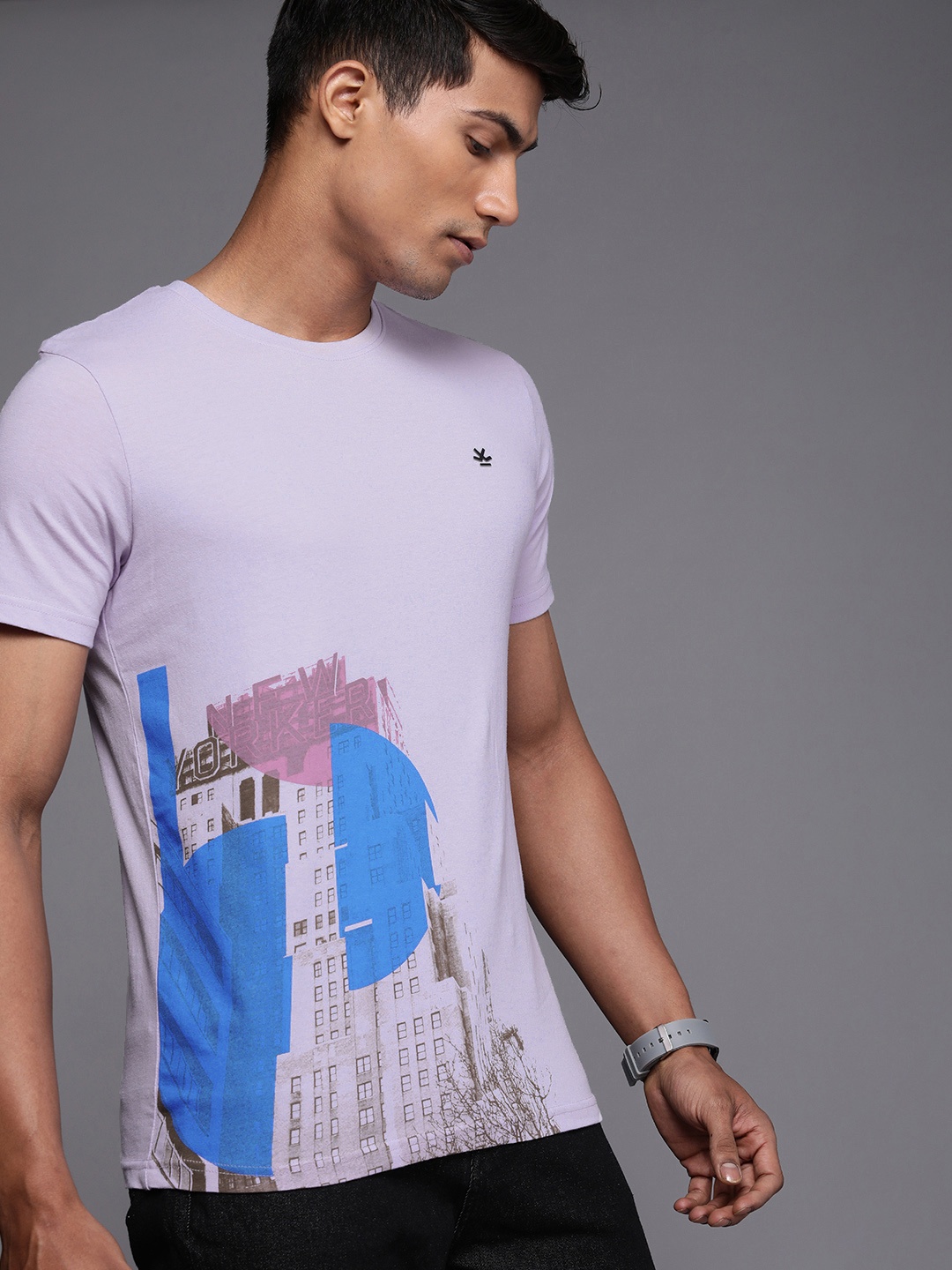 

WROGN Men Lavender Printed Slim Fit Pure Cotton T-shirt