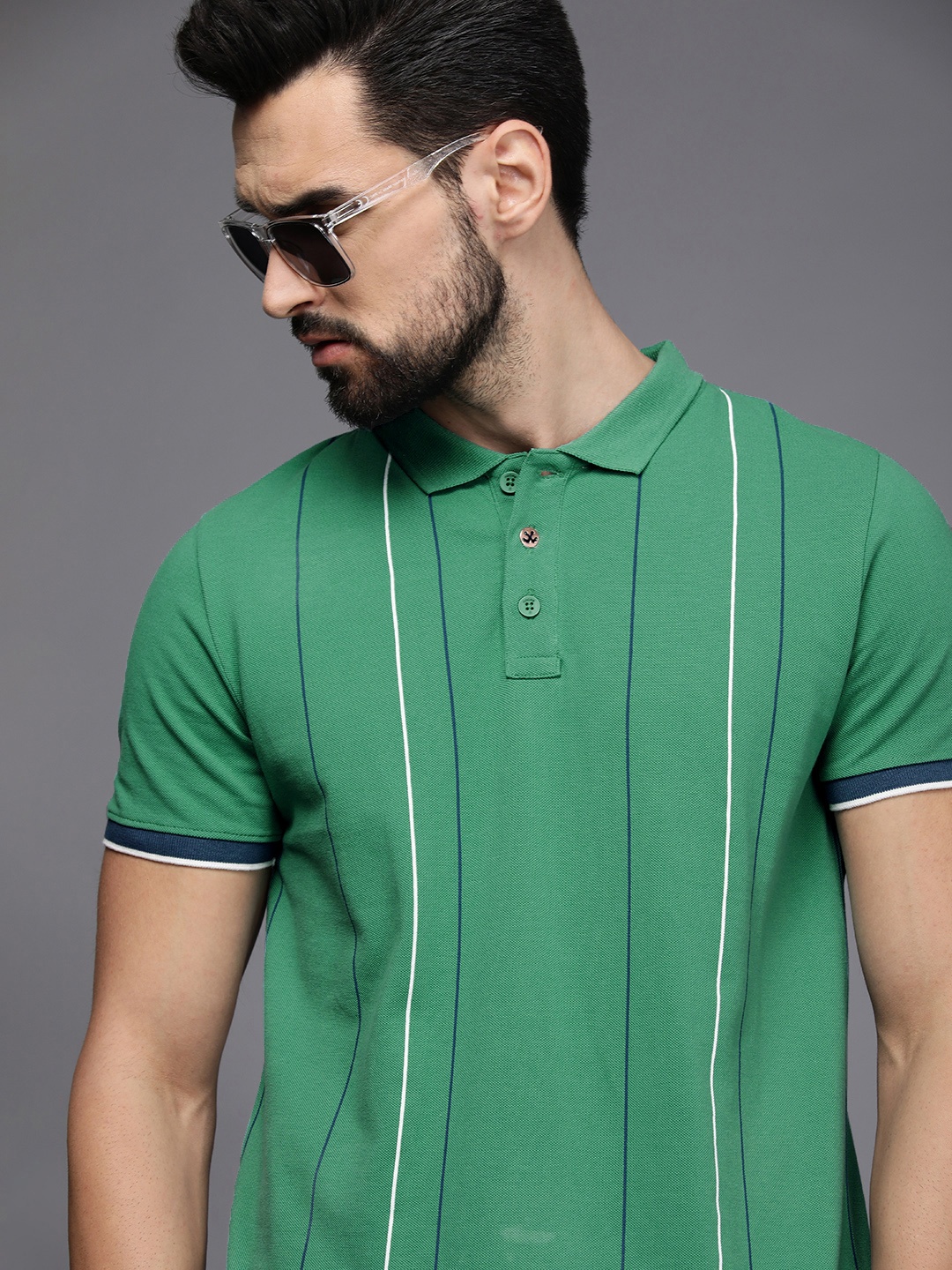 

WROGN Men Sea Green & Blue Striped Polo Collar Slim Fit Pure Cotton T-shirt