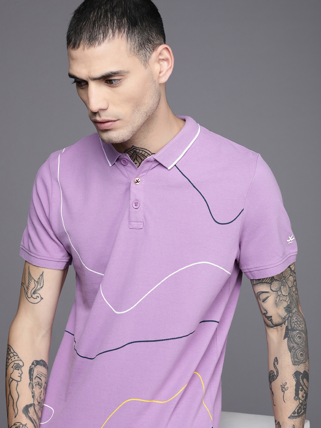 

WROGN Men Lavender Printed Slim Fit Pure Cotton Polo Collar T-shirt