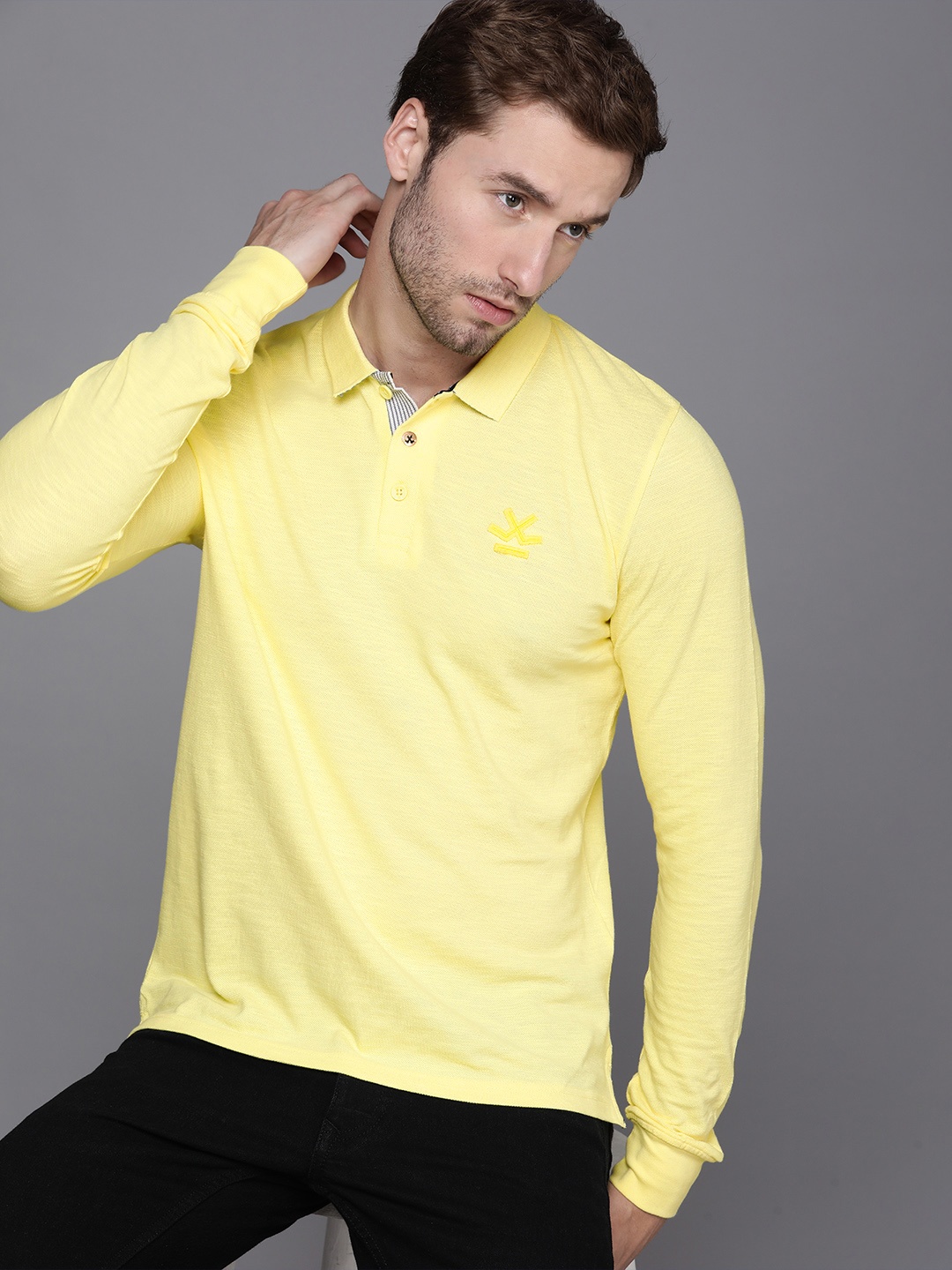 

WROGN Men Yellow Solid Polo Collar Slim Fit Pure Cotton T-shirt