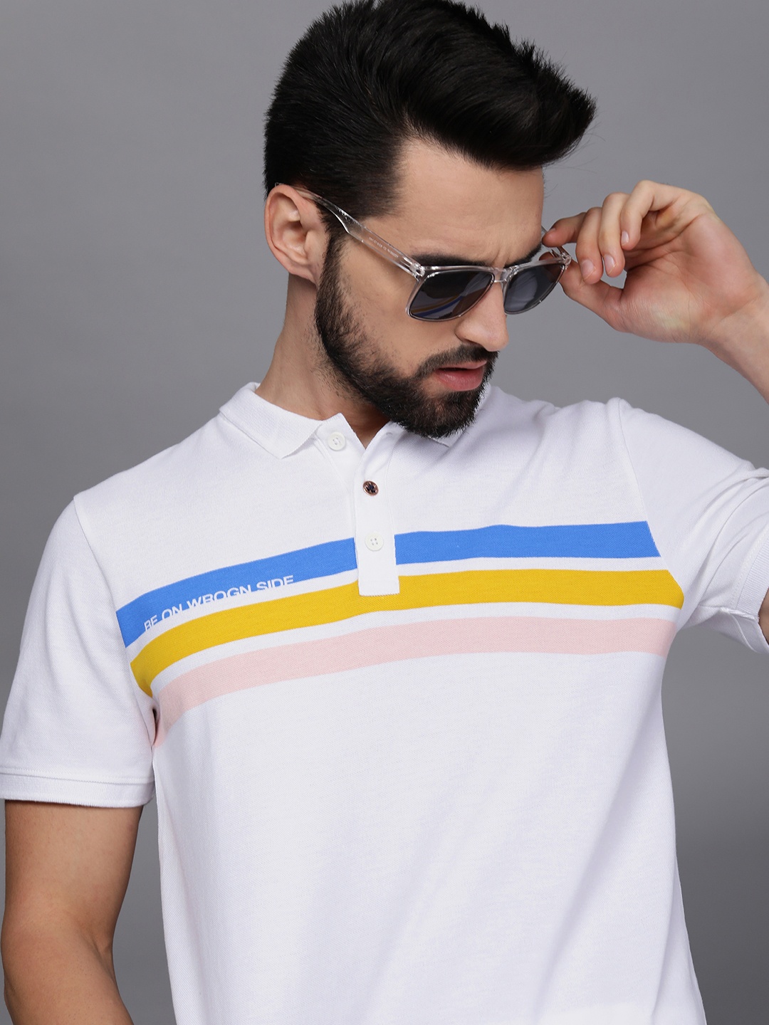 

WROGN Men White & Multicoloured Printed Polo Collar Slim Fit Pure Cotton Casual T-shirt