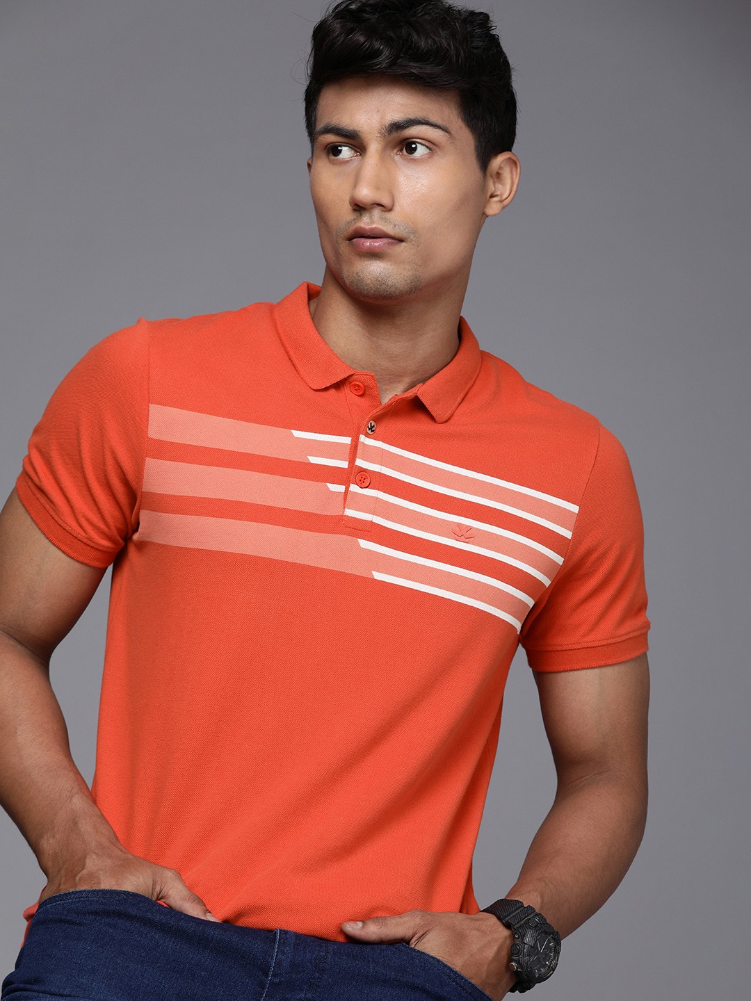

WROGN Men Orange & Off White Colourblocked Polo Collar T-shirt