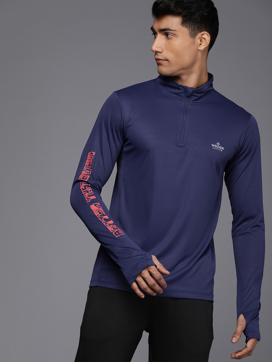 

WROGN ACTIVE Men Brand Logo High Neck Dry-Pro Slim Fit T-shirt, Navy blue