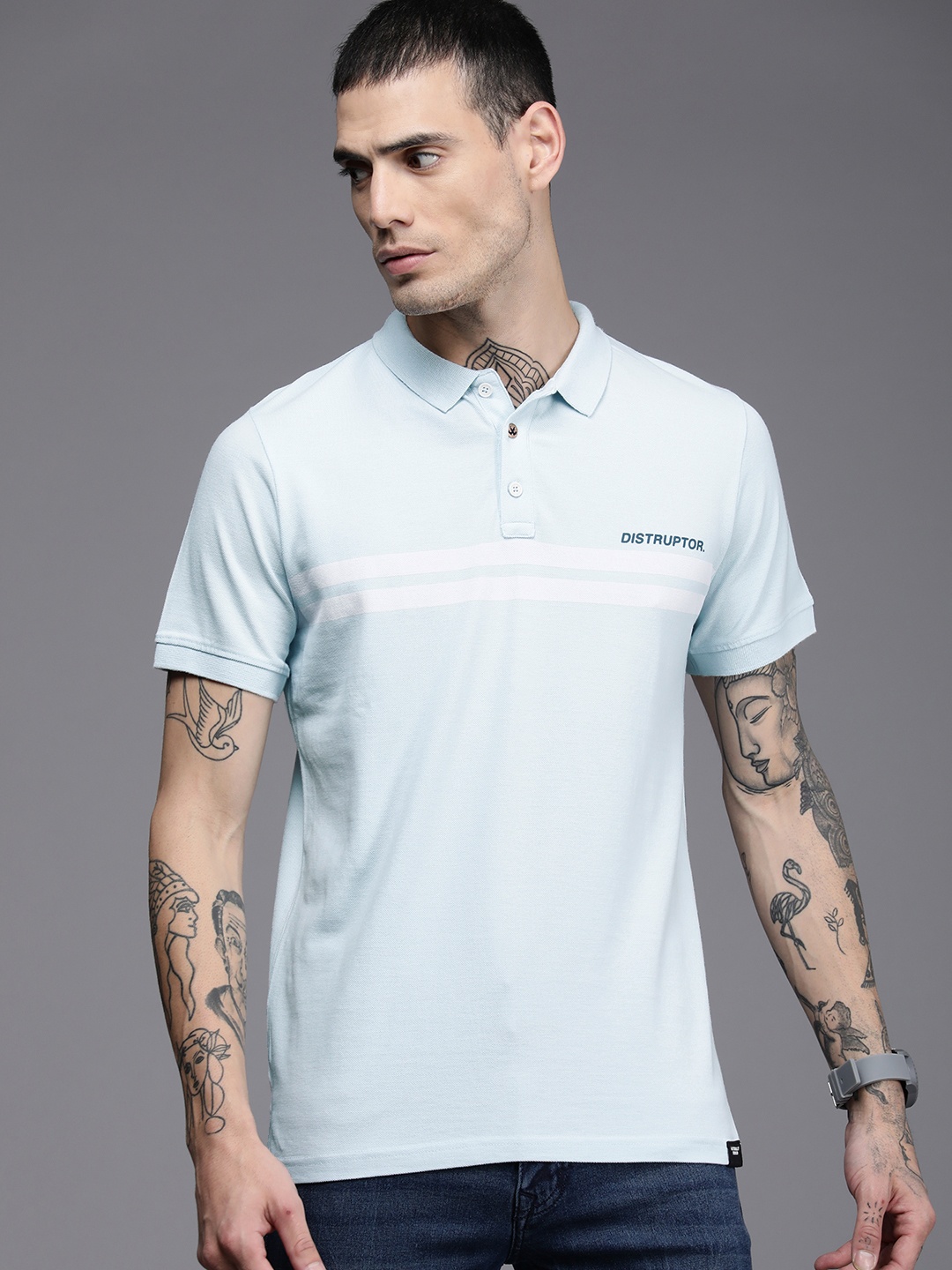 

WROGN Men Blue & White Striped Polo Collar Pure Cotton Slim Fit T-shirt