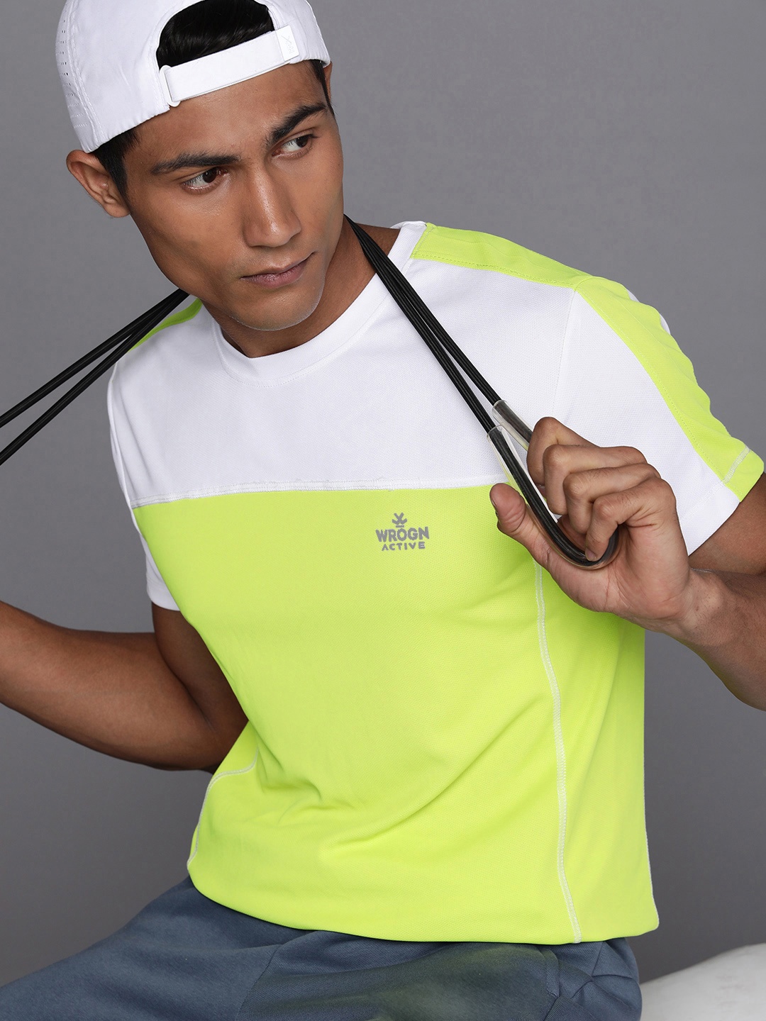 

WROGN ACTIVE Men Lime Green & White Colourblocked Casual T-shirt