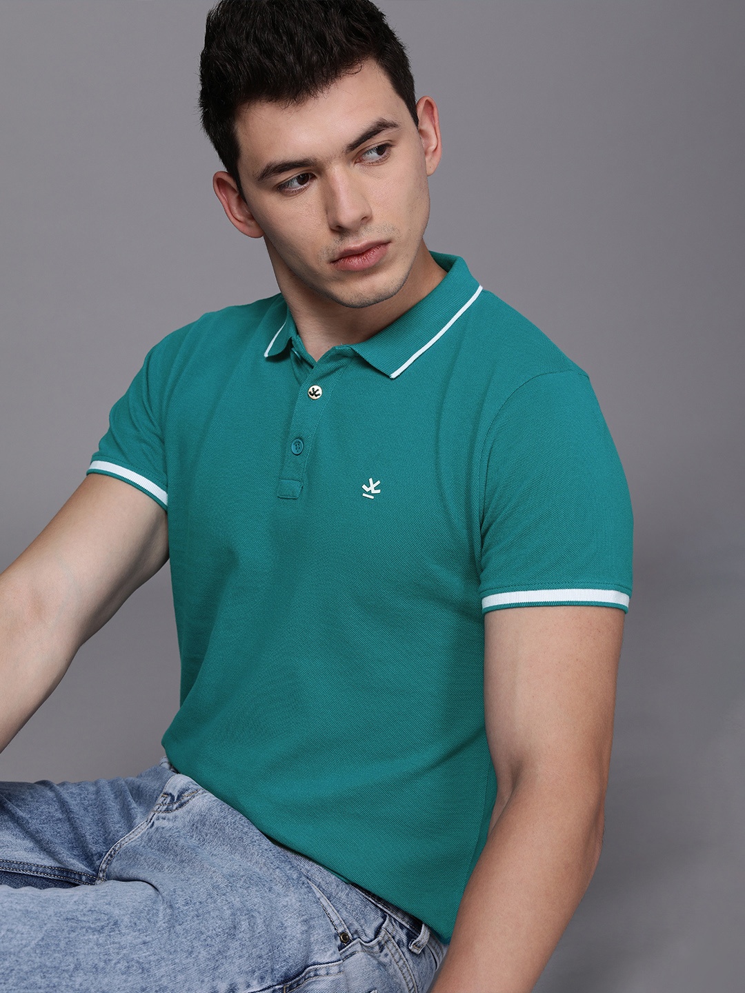 

WROGN Men Teal Polo Collar Pure Cotton T-shirt