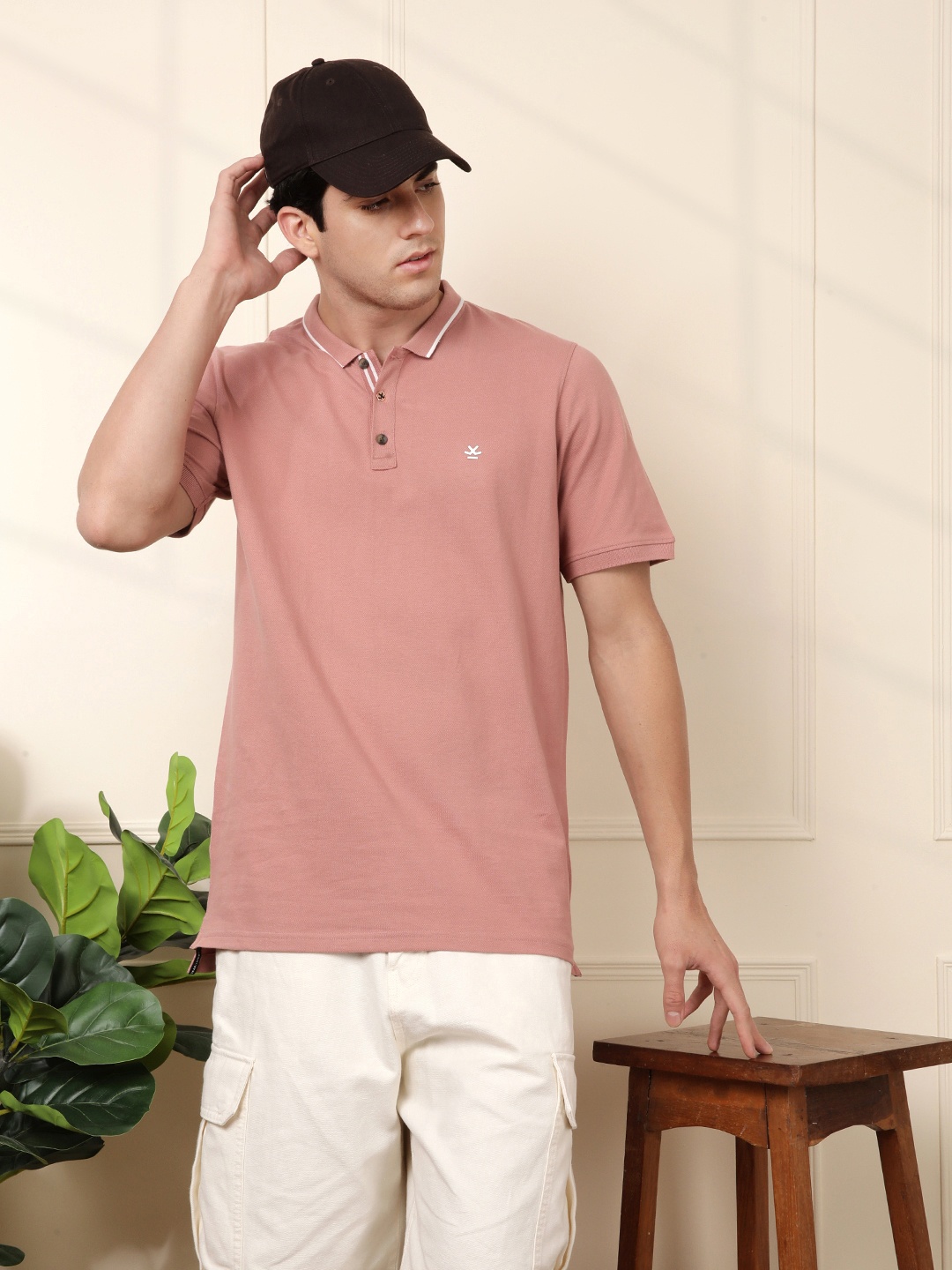 

WROGN Men Pink Solid Polo Collar Slim Fit T-shirt