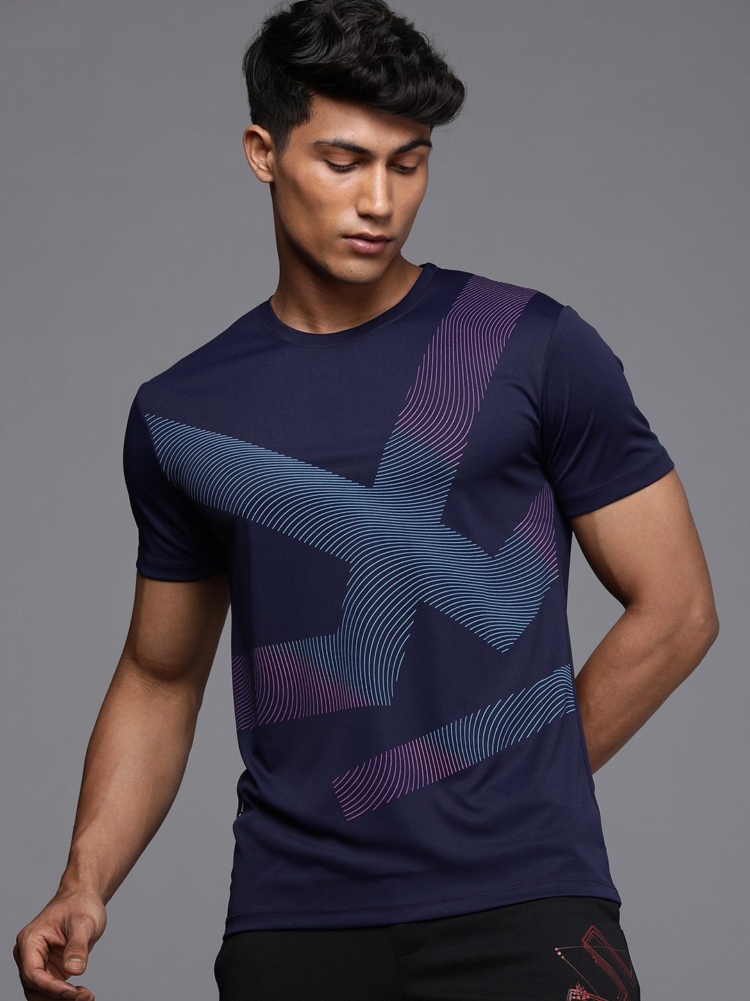 

WROGN ACTIVE Men Navy Blue & Blue Brand Logo Printed Slim Fit T-shirt