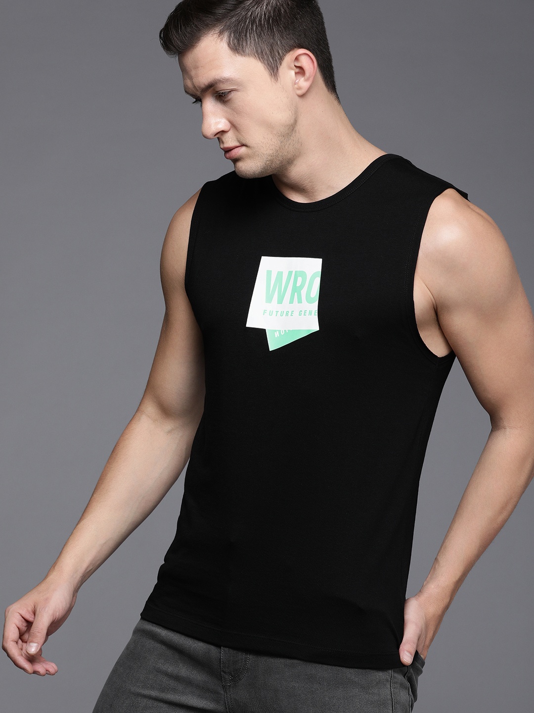 

WROGN Men Black Printed Sleeveless Slim Fit Casual T-shirt