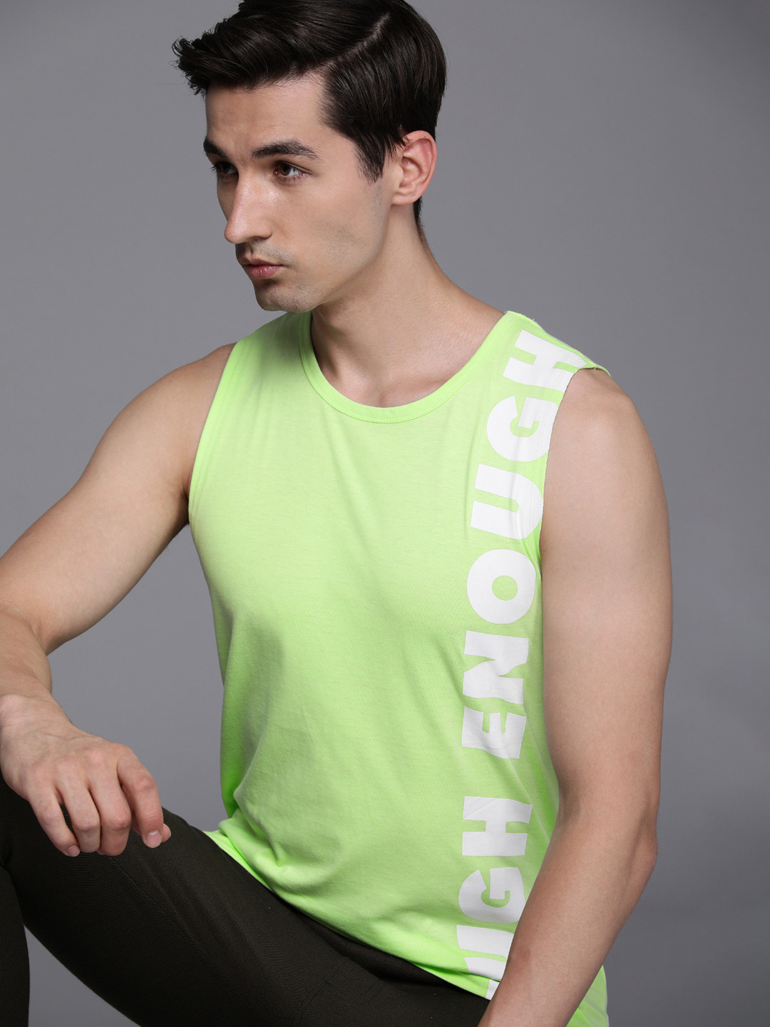 

WROGN Men Green & White Typography Printed Slim Fit Sleeveless T-shirt