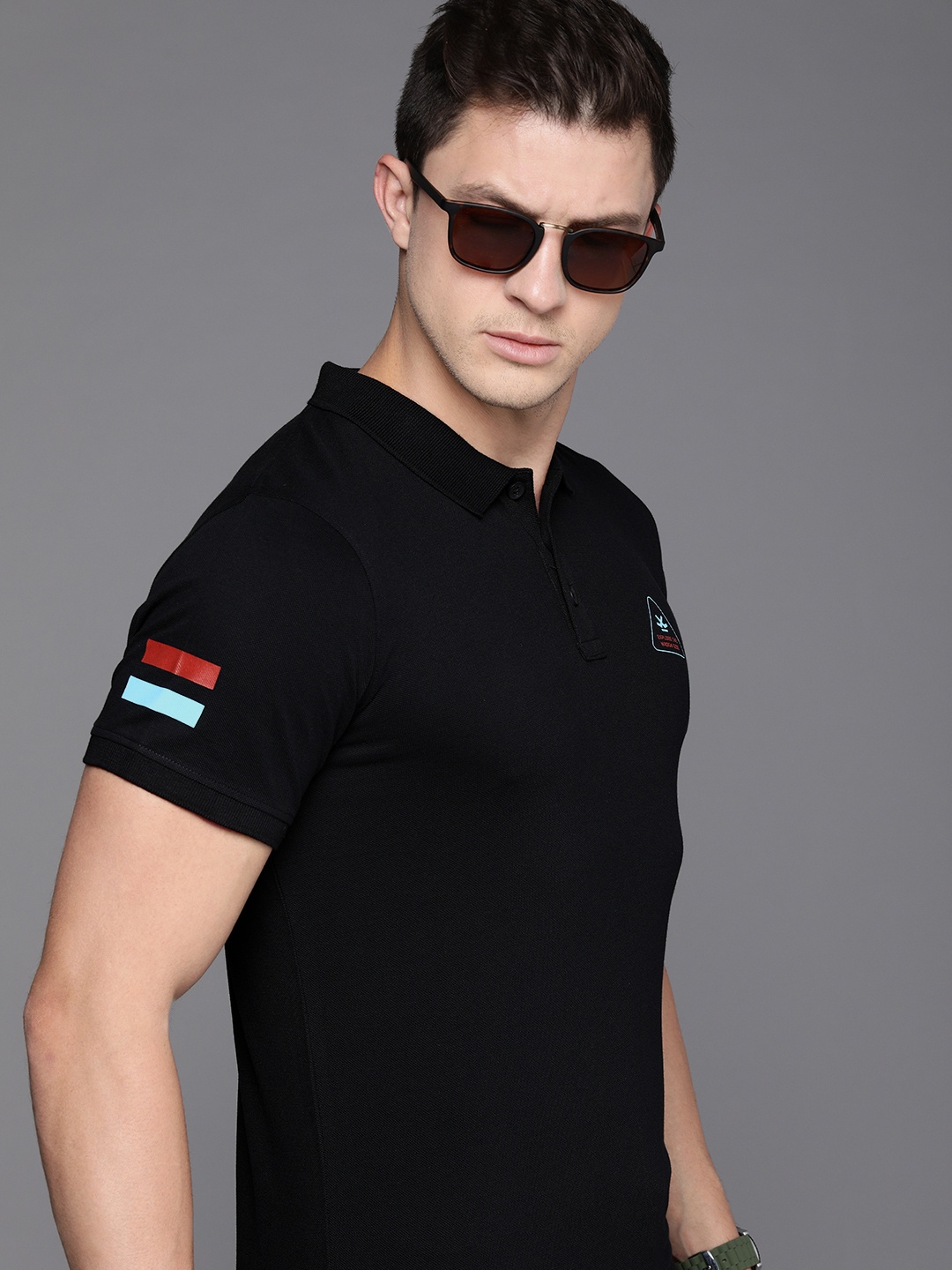 

WROGN Men Black & Blue Brand Logo Striped Pure Cotton Polo Collar Slim Fit T-shirt