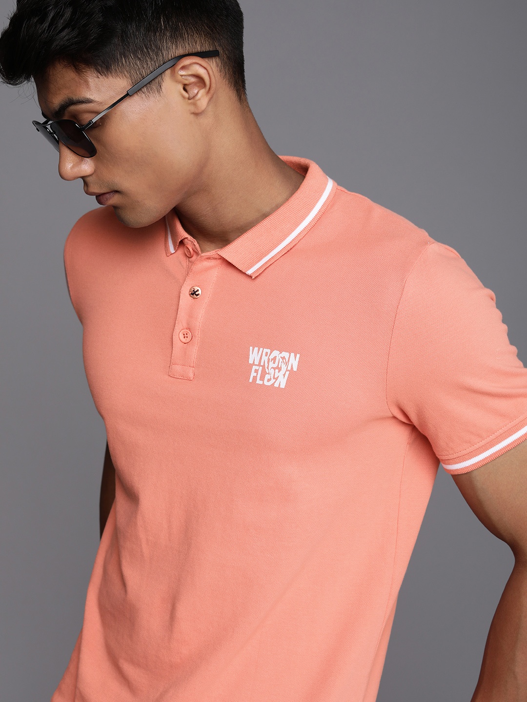 

WROGN Men Coral Orange & White Printed Polo Collar Pure Cotton Slim Fit T-shirt