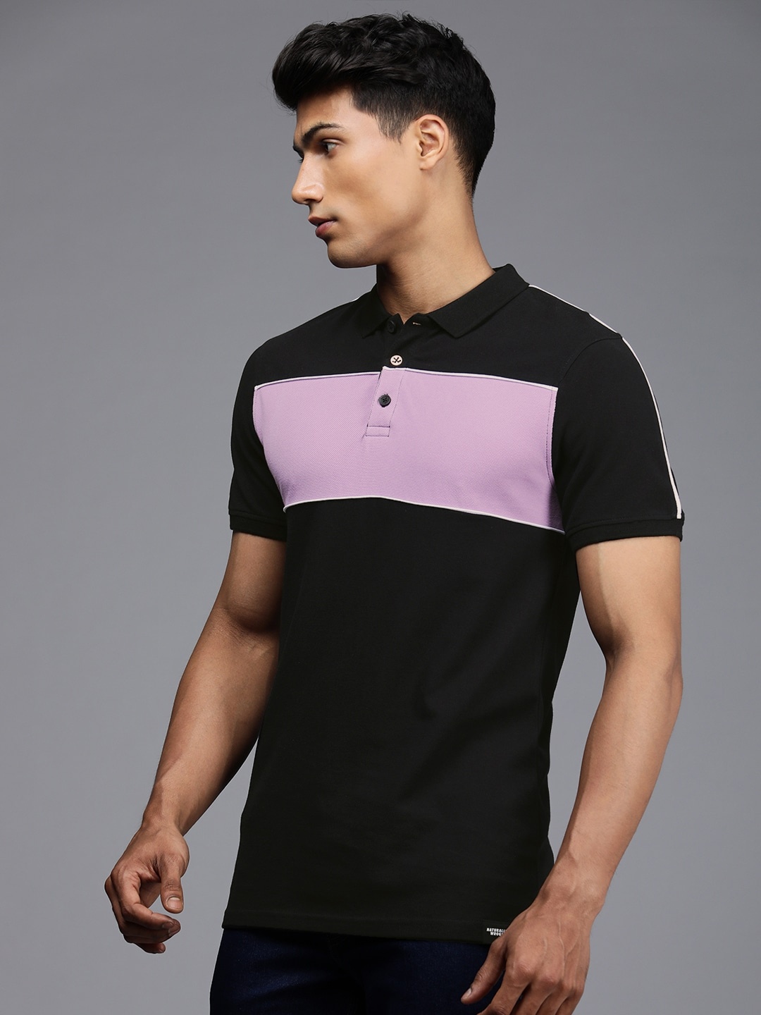 

WROGN Men Black & Lavender Colourblocked Polo Collar T-shirt