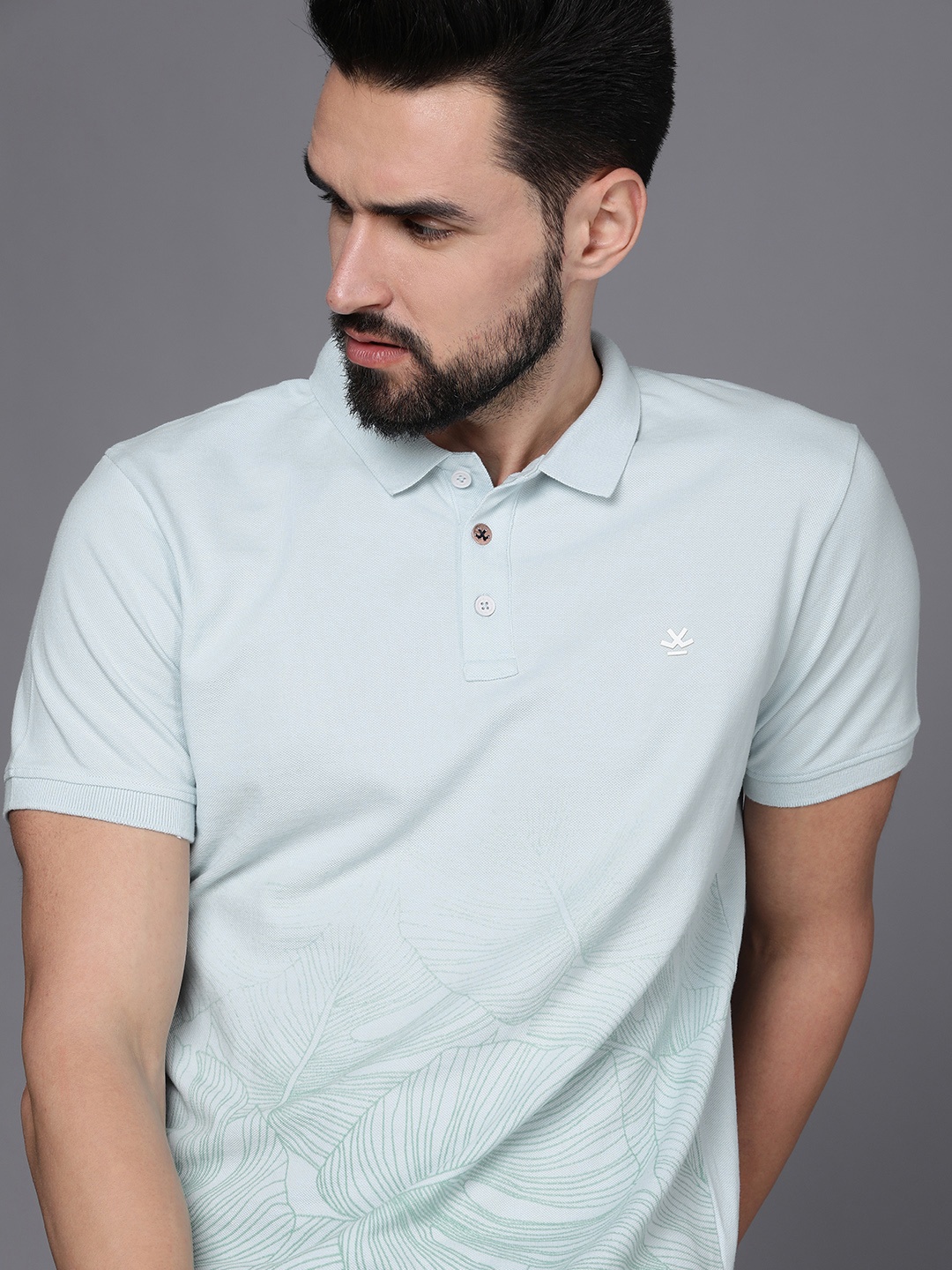 

WROGN Men Blue & Green Tropical Printed Pure Cotton Polo Collar T-shirt