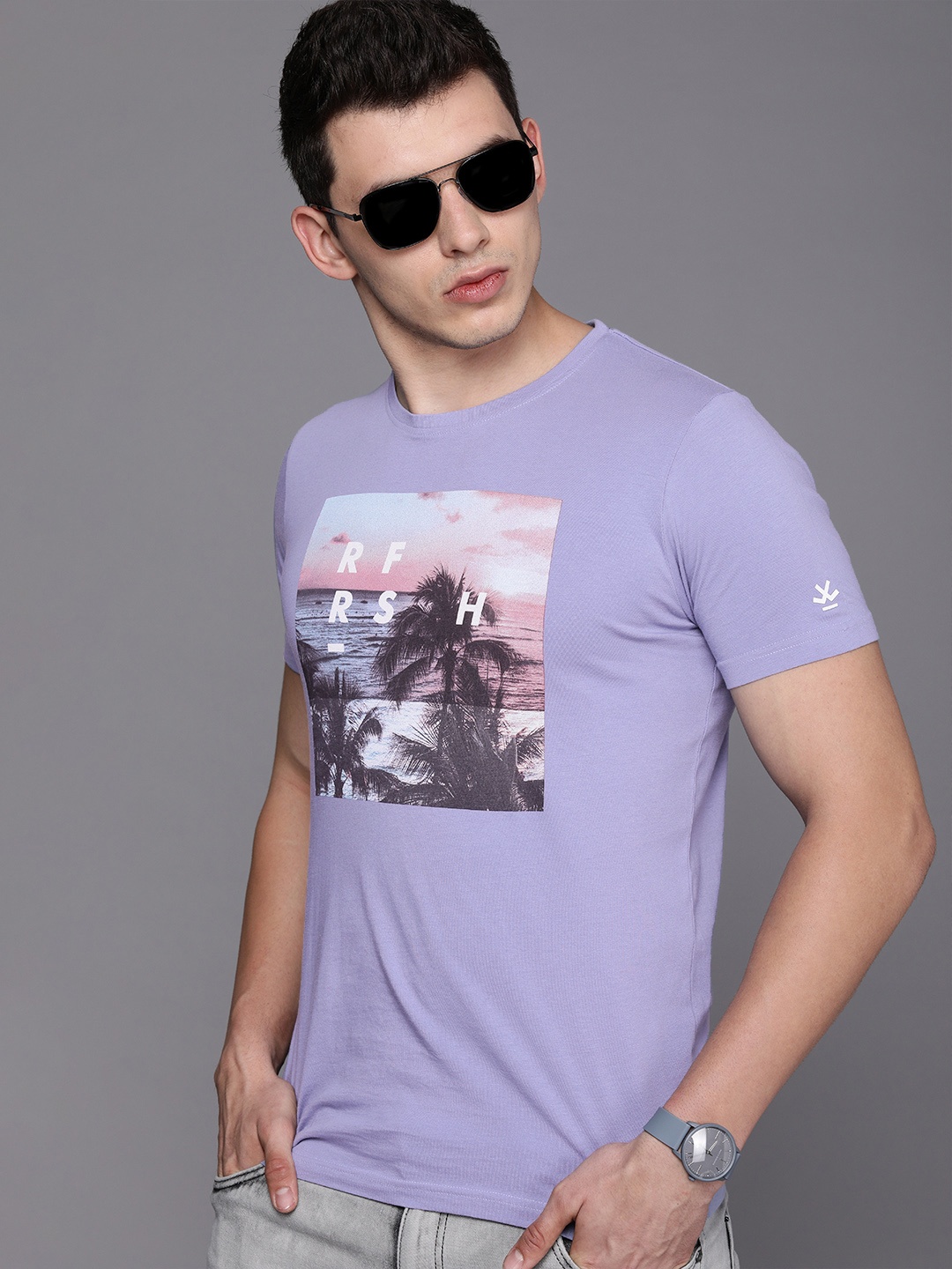 

WROGN Men Purple Printed Slim Fit Pure Cotton T-shirt