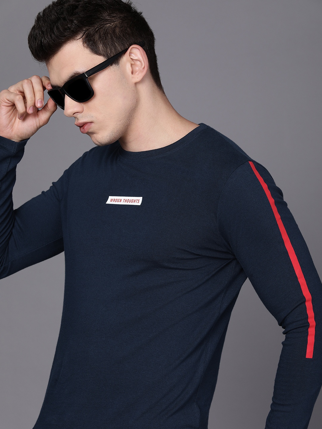

WROGN Men Navy Blue Pure Cotton T-shirt