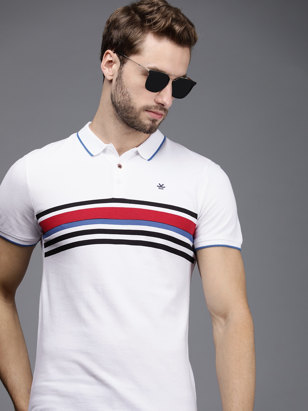 

WROGN Men White & Black Striped Polo Collar Slim Fit T-shirt