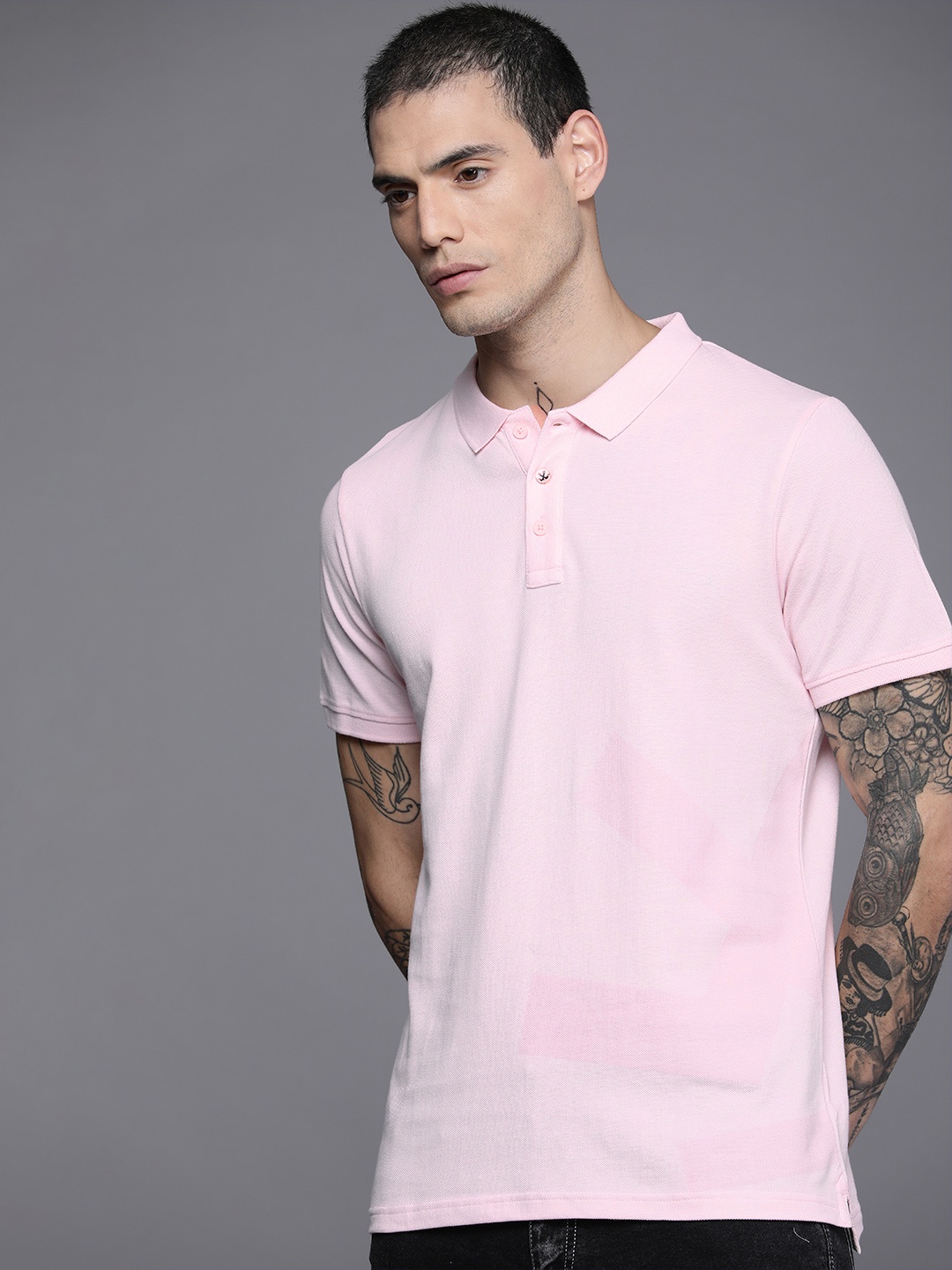 

WROGN Men Pink Solid Pure Cotton Polo Collar Slim Fit T-shirt