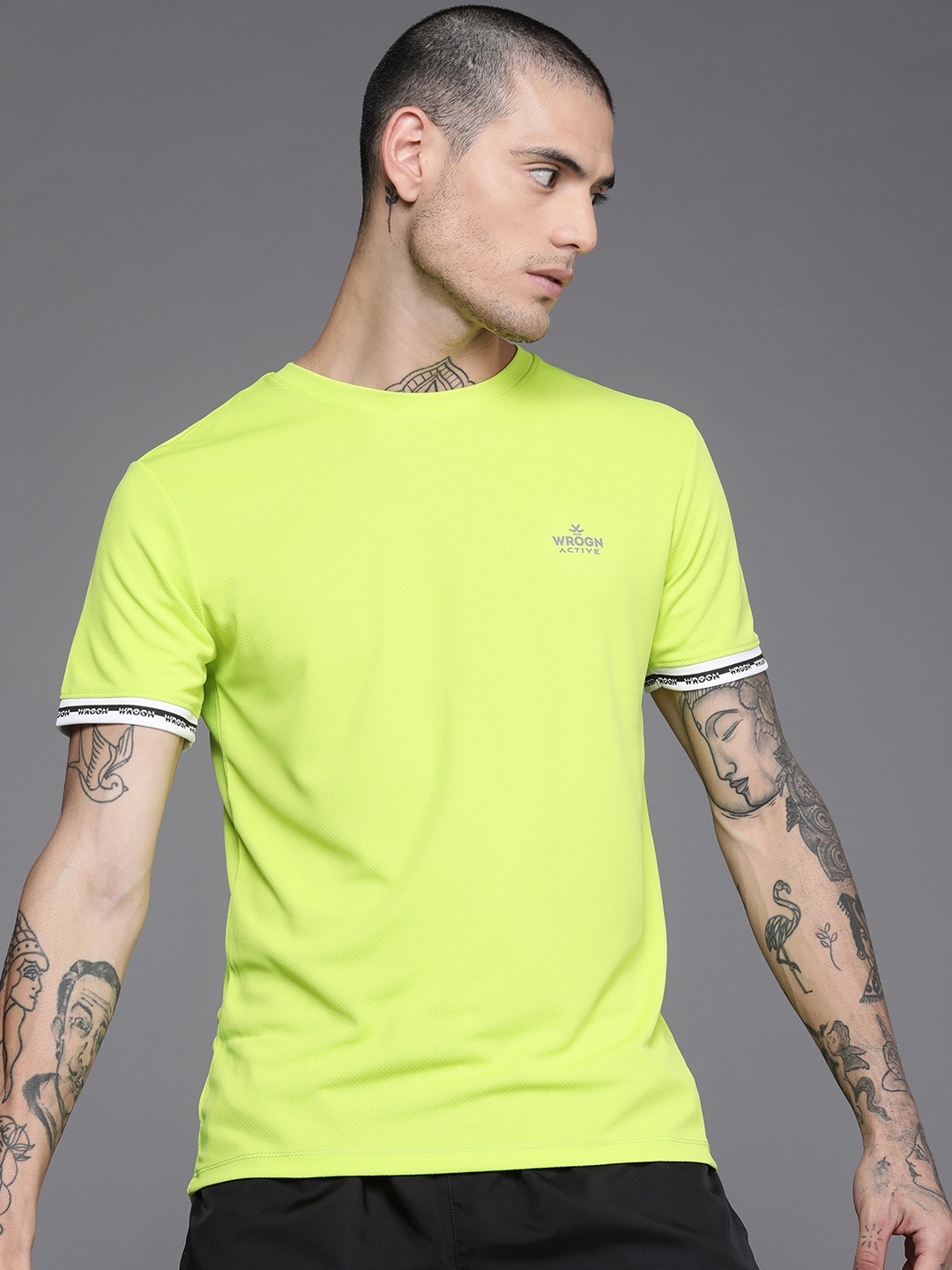 

WROGN ACTIVE Men Lime Green Self Design Casual T-shirt