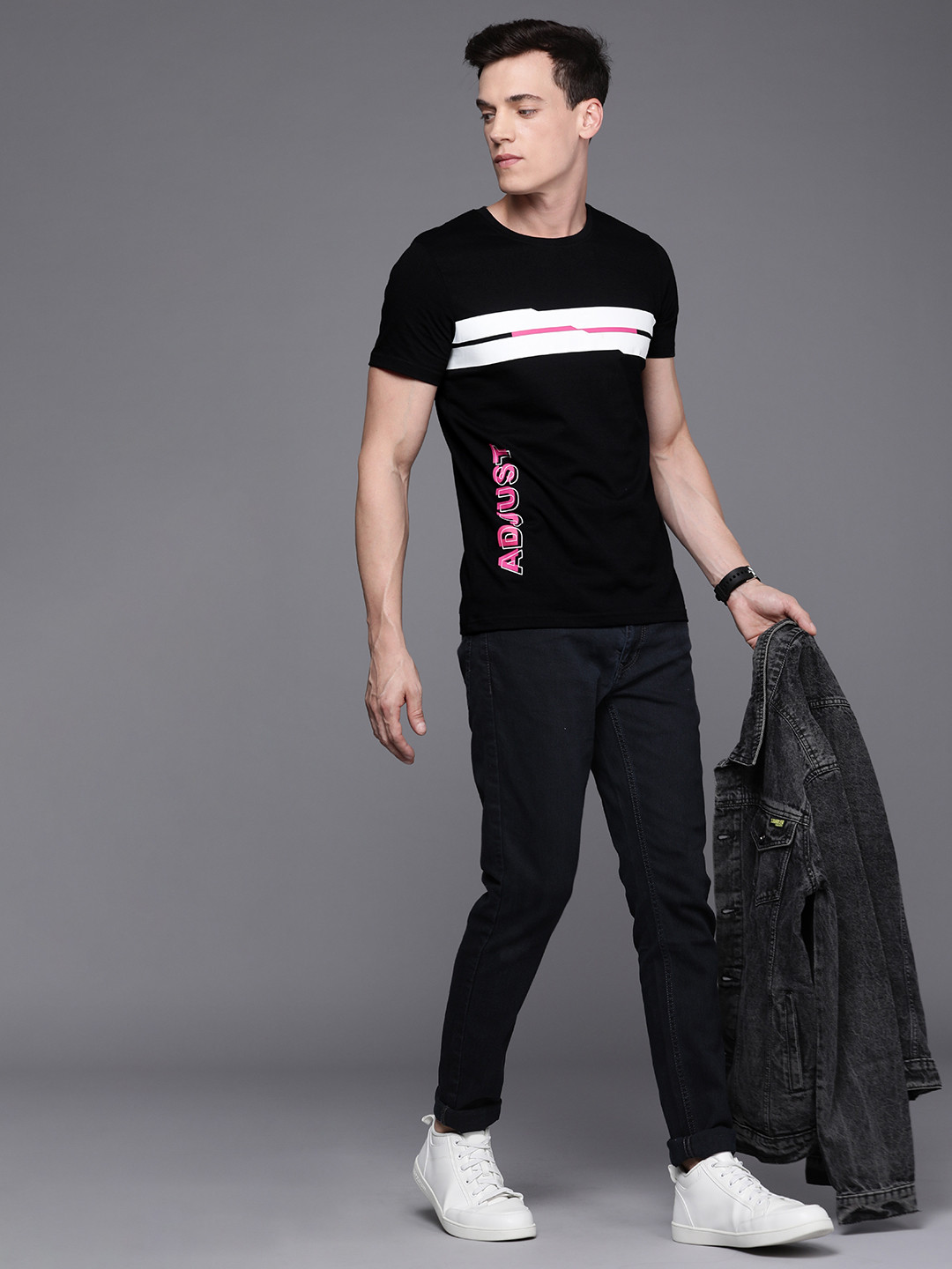 

WROGN Men Black & White Striped Pure Cotton T-shirt