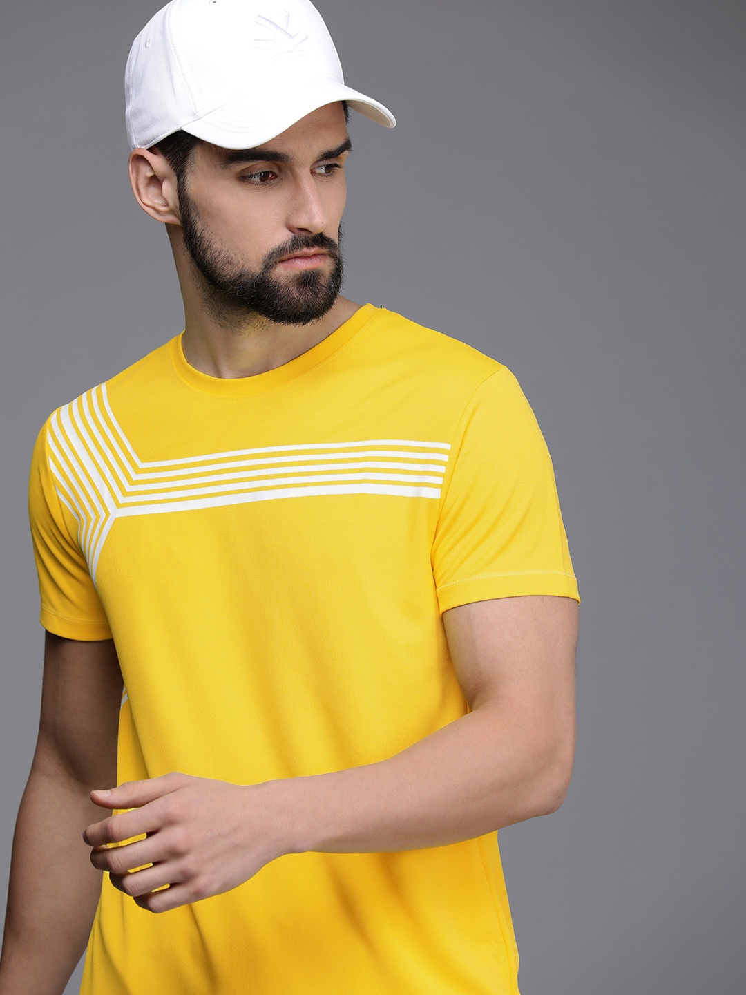 

WROGN ACTIVE Men Yellow & White Striped Slim Fit T-shirt
