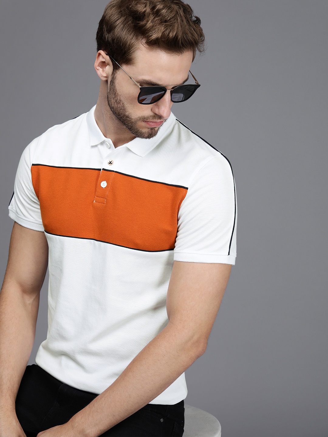 

WROGN Men White & Mustard Yellow Colourblocked Polo Collar Pure Cotton Slim Fit T-shirt