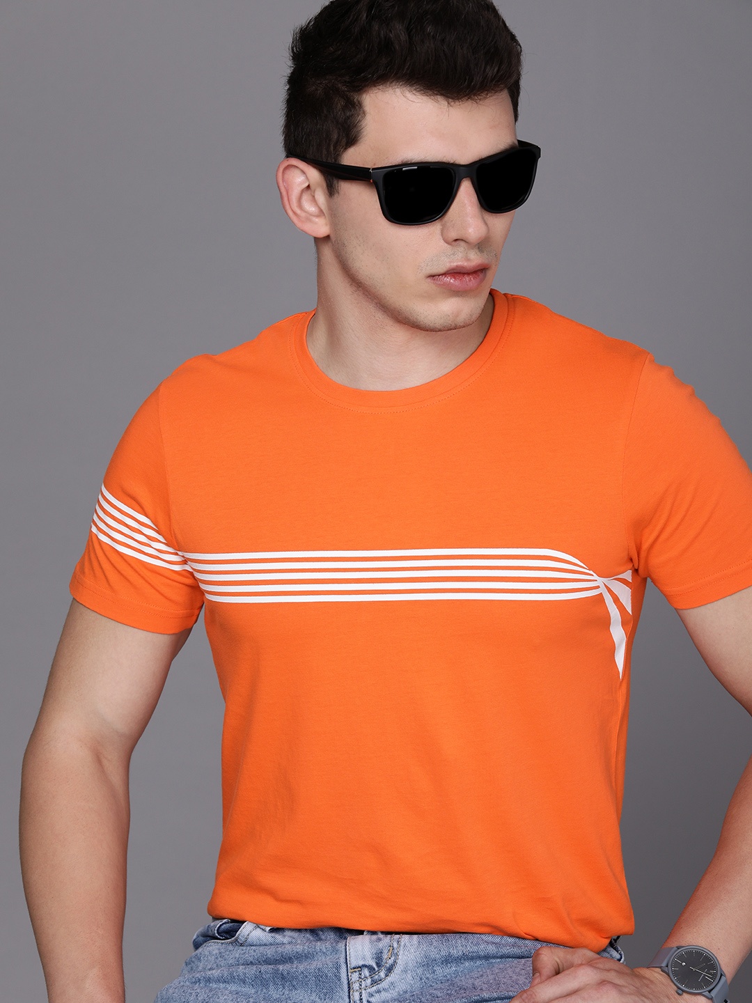 

WROGN Men Orange Slim Fit Pure Cotton T-shirt