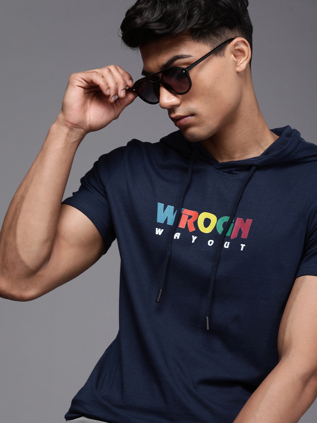 

WROGN Men Navy Blue Typography Printed Short Sleeves Hood T-shirt