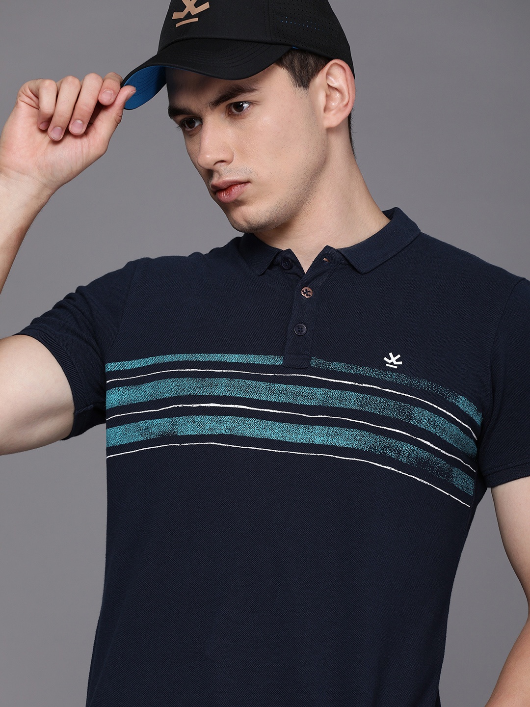 

WROGN Men Navy Blue & Blue Striped Polo Collar Pure Cotton Slim Fit T-shirt