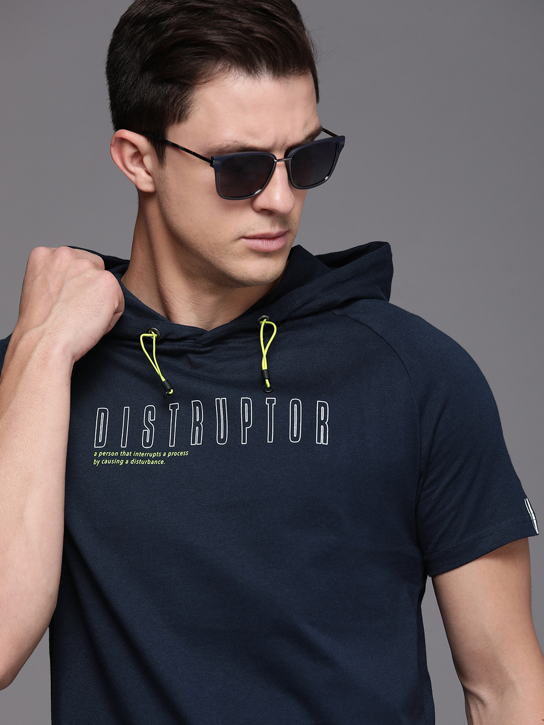 

WROGN Men Navy Blue & White Typography Printed Pure Cotton Hooded T-shirt