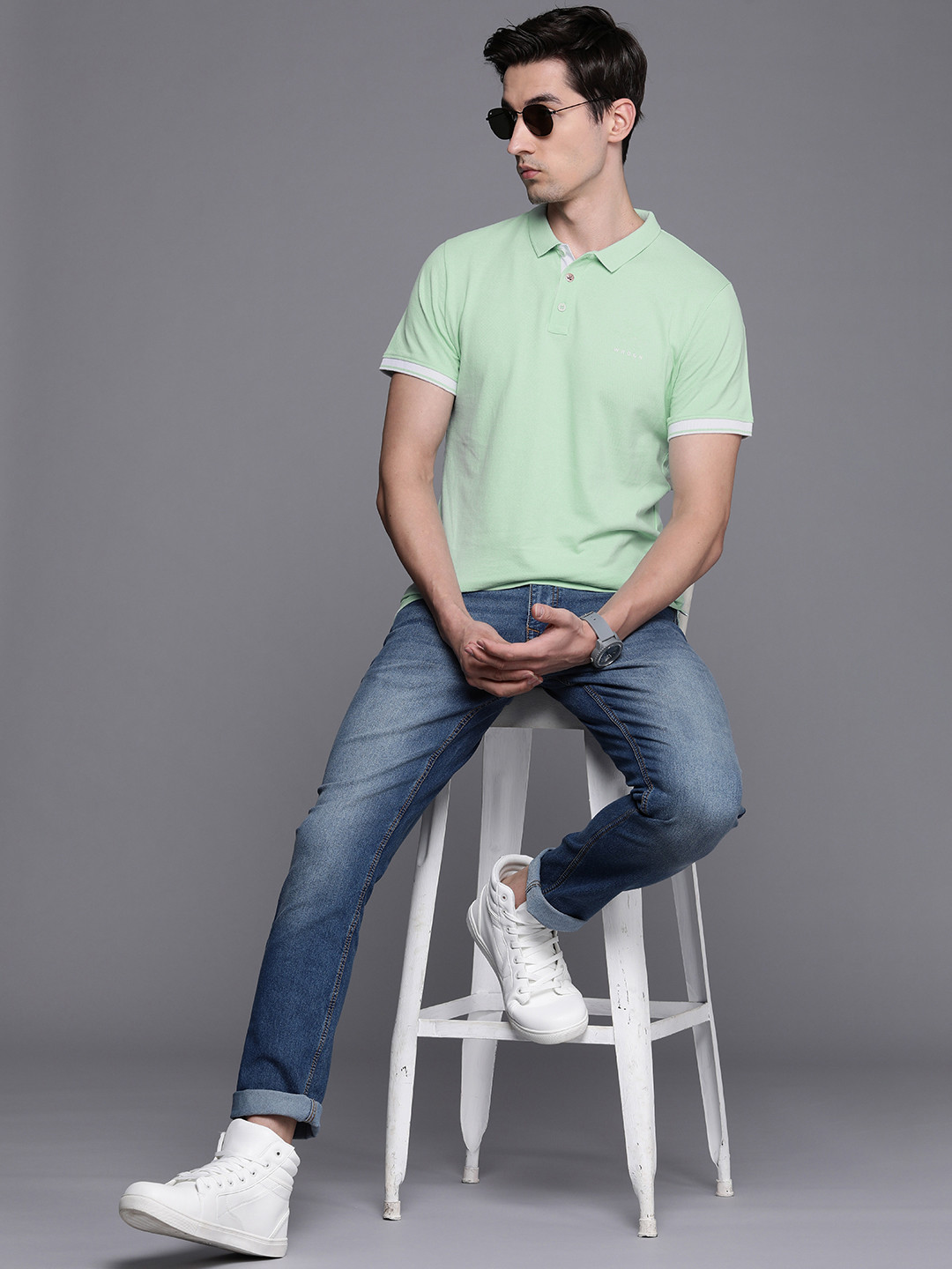 

WROGN Men Sea Green Slim Fit Pure Cotton Polo Collar T-shirt
