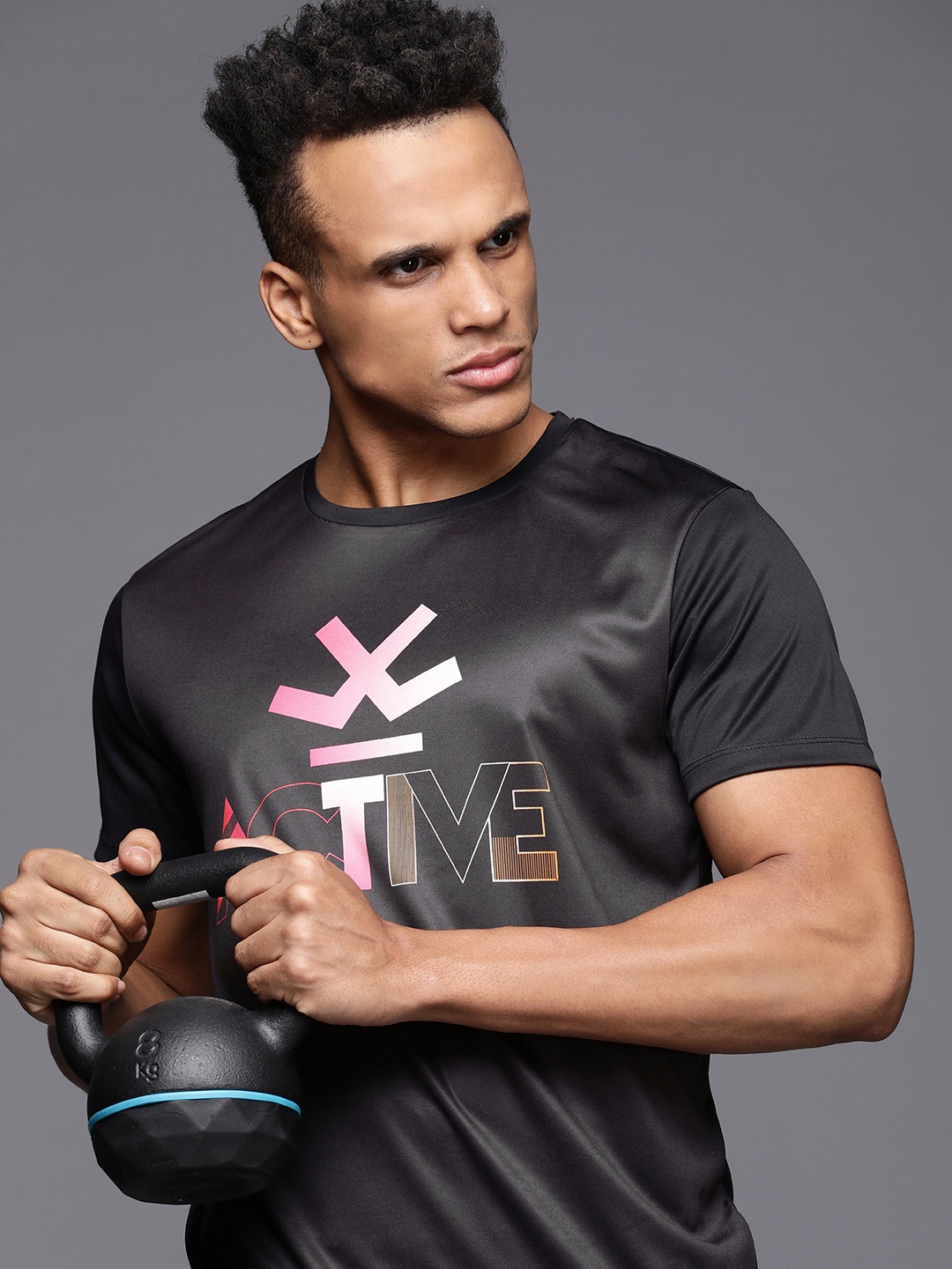

WROGN ACTIVE Men Black Brand Logo Printed Dry Pro Slim Fit T-shirt