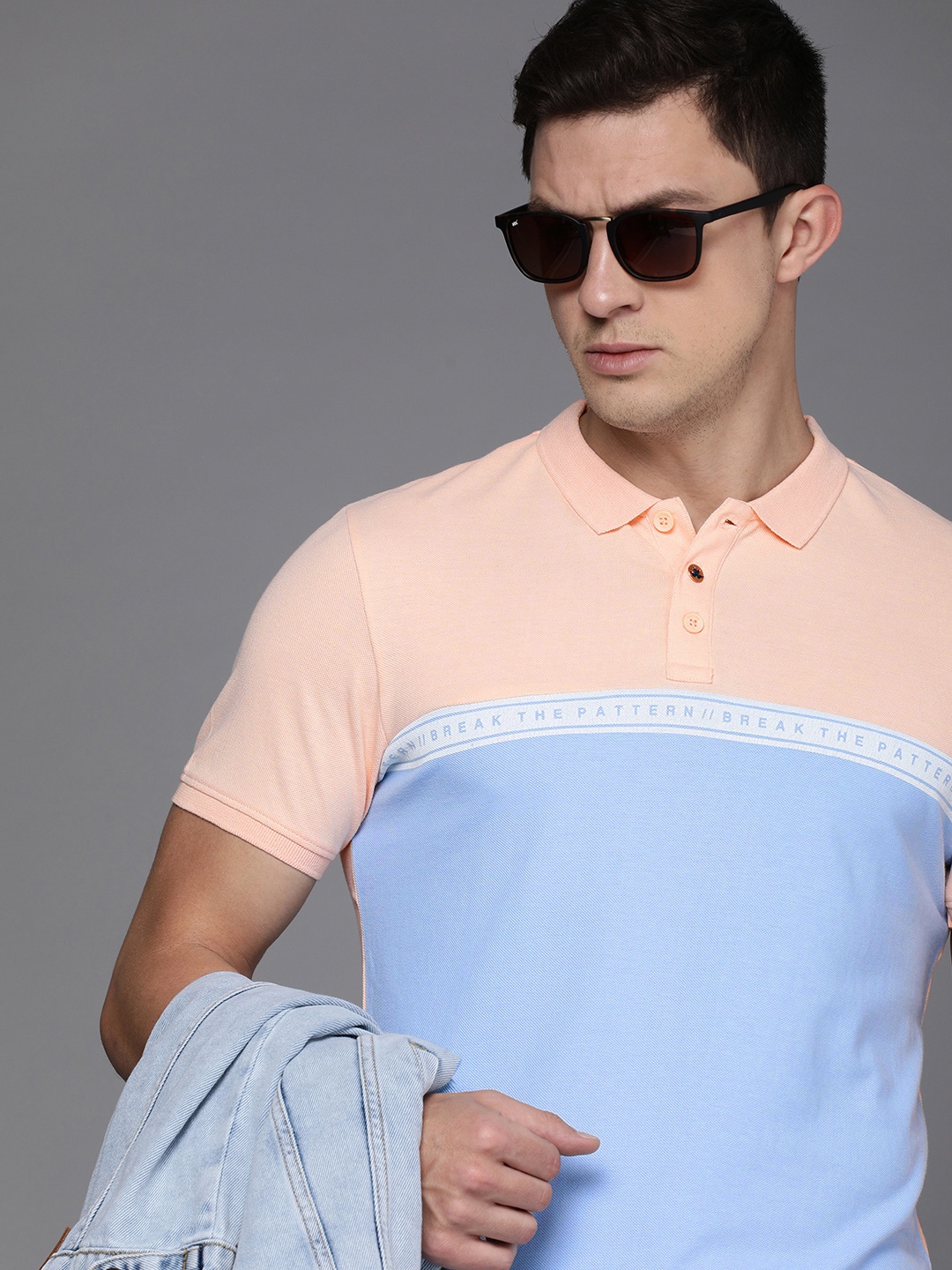 

WROGN Men Peach-Coloured & Blue Colourblocked Pure Cotton Polo Collar T-shirt
