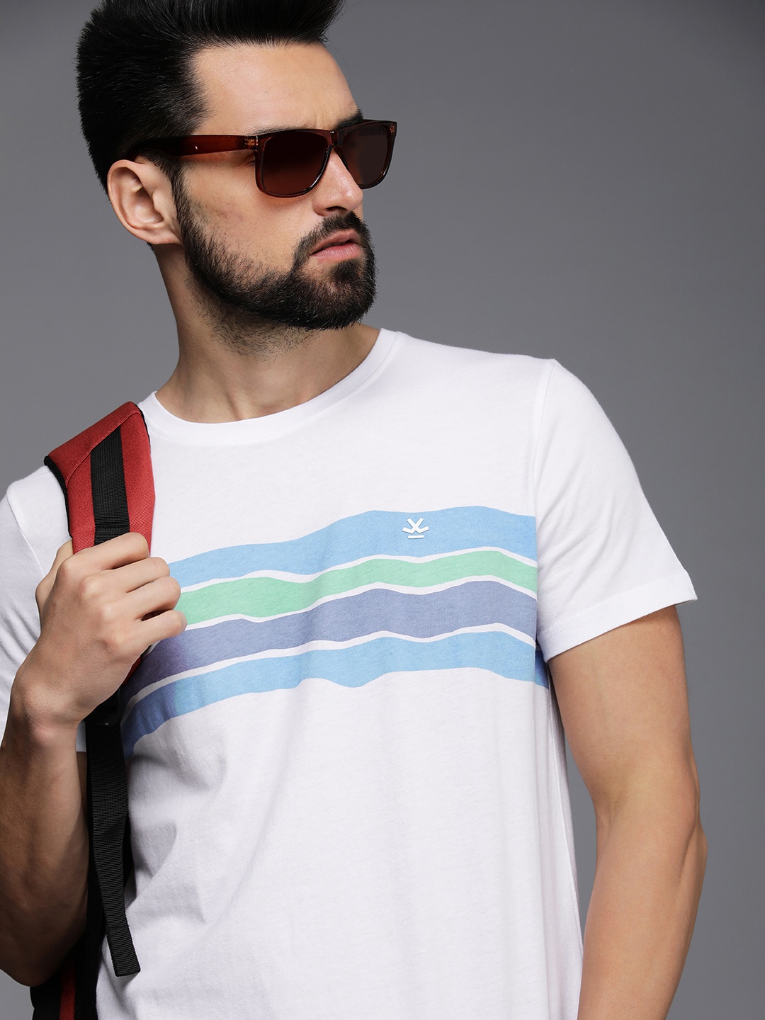 

WROGN Men White & Blue Stripe Printed Pure Cotton Slim Fit T-shirt