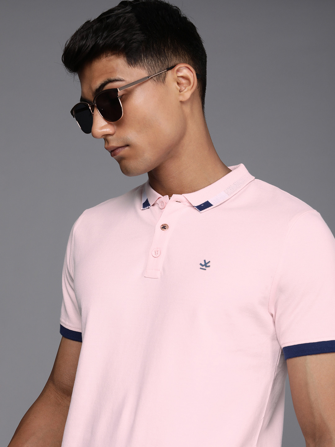 

WROGN Men Pink & Blue Colourblocked Polo Collar Slim Fit Pure Cotton Casual T-shirt