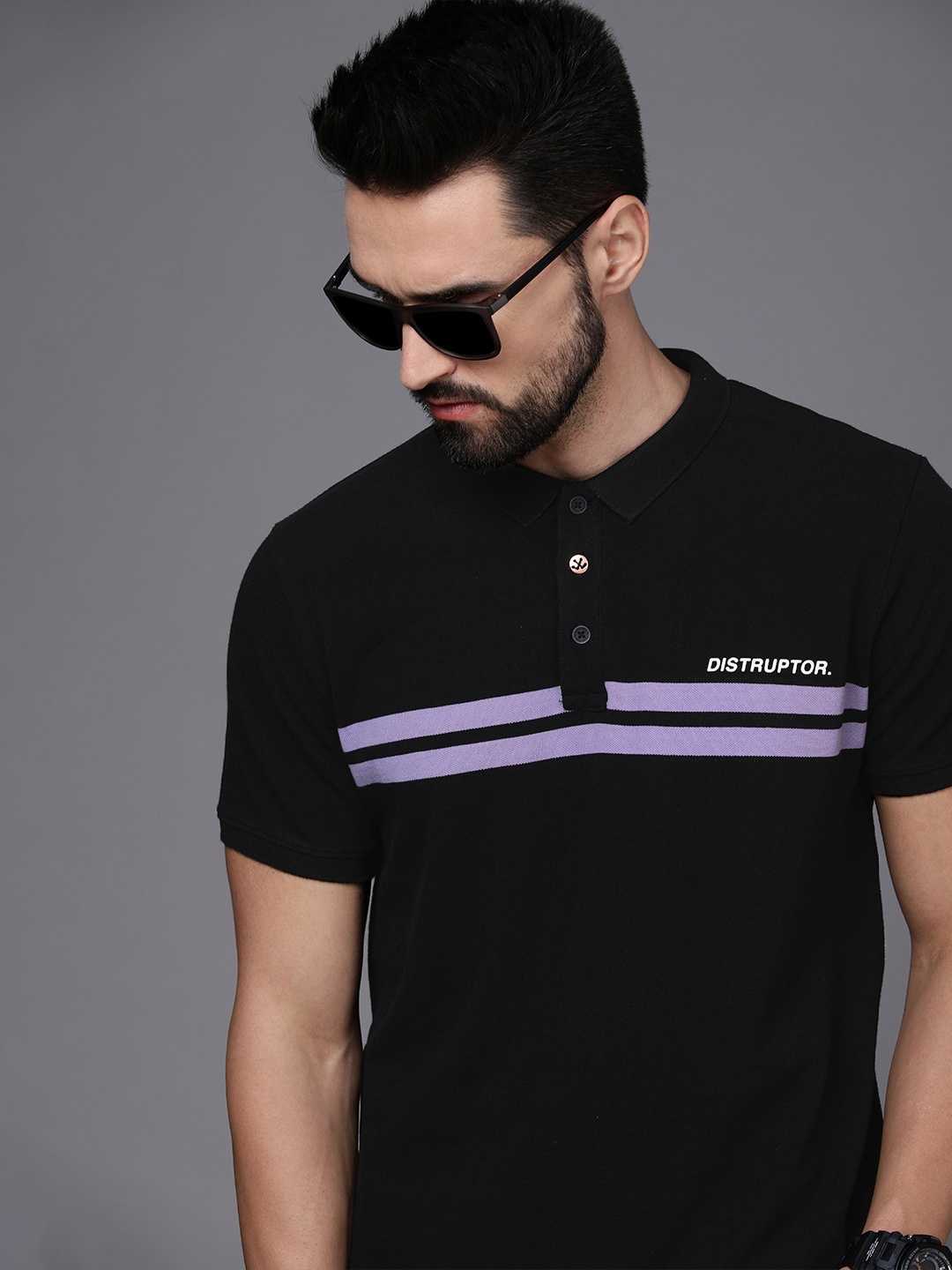 

WROGN Men Black Striped Polo Collar Pure Cotton Slim Fit T-shirt