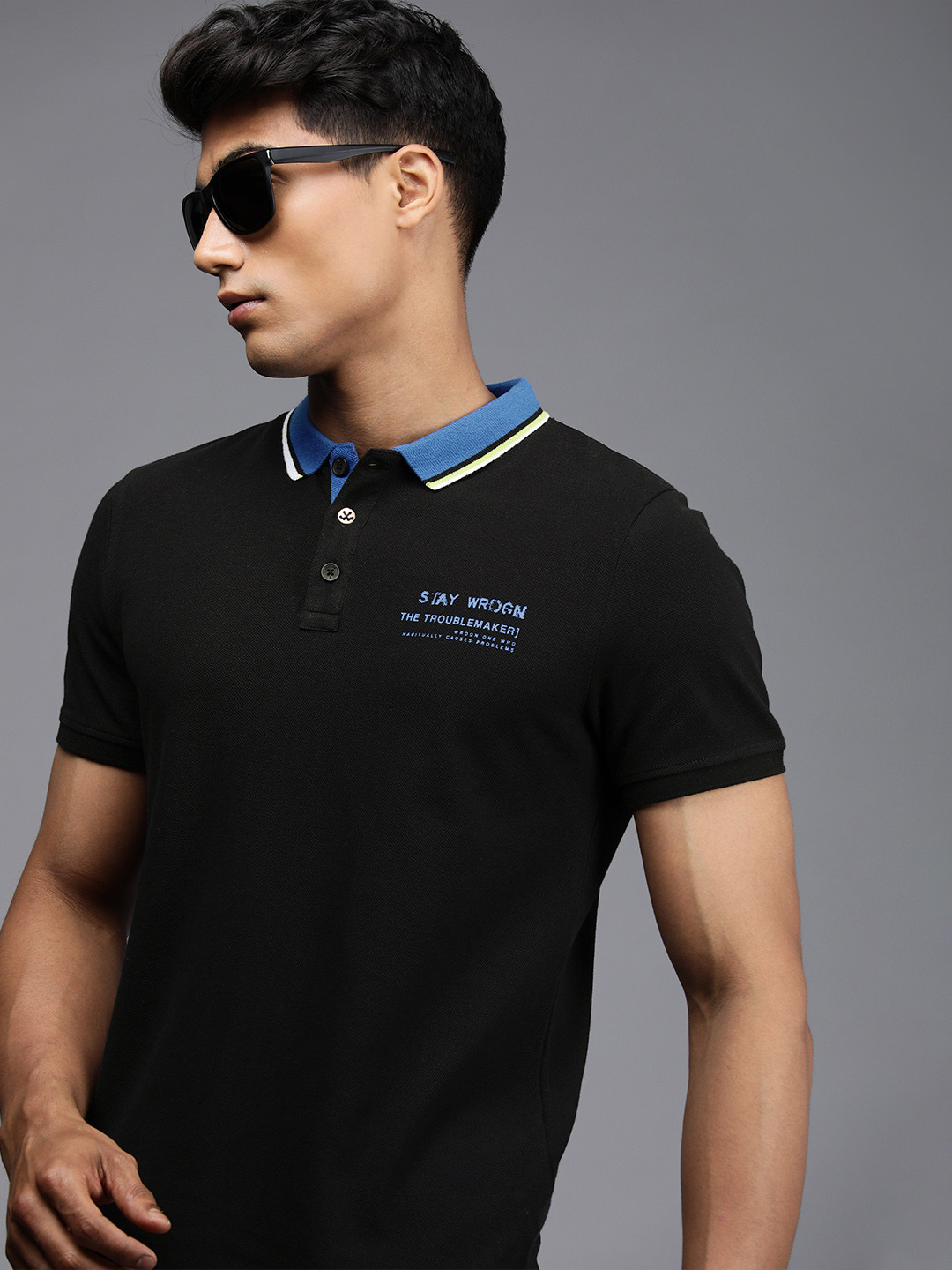

WROGN Men Black & Blue Colourblocked Polo Collar T-shirt