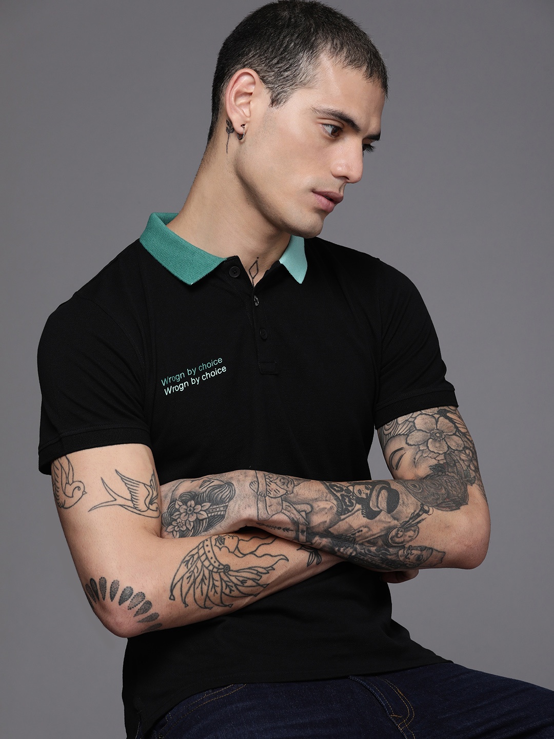 

WROGN Men Black Slim Fit Pure Cotton Polo Collar T-shirt